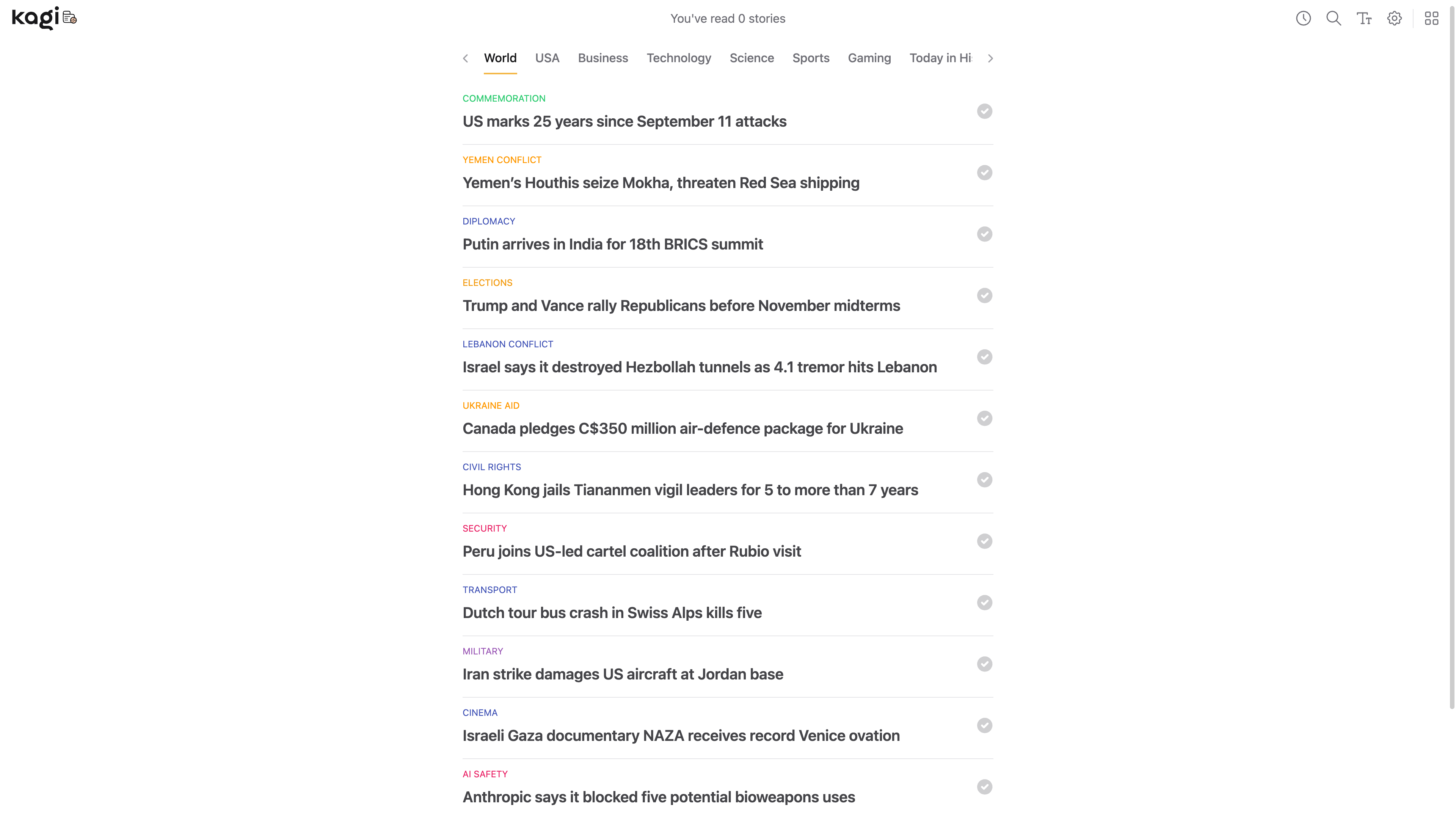 Kagi News: a daily news digest organized into World, Business, Technology, and other sections, readable without an account