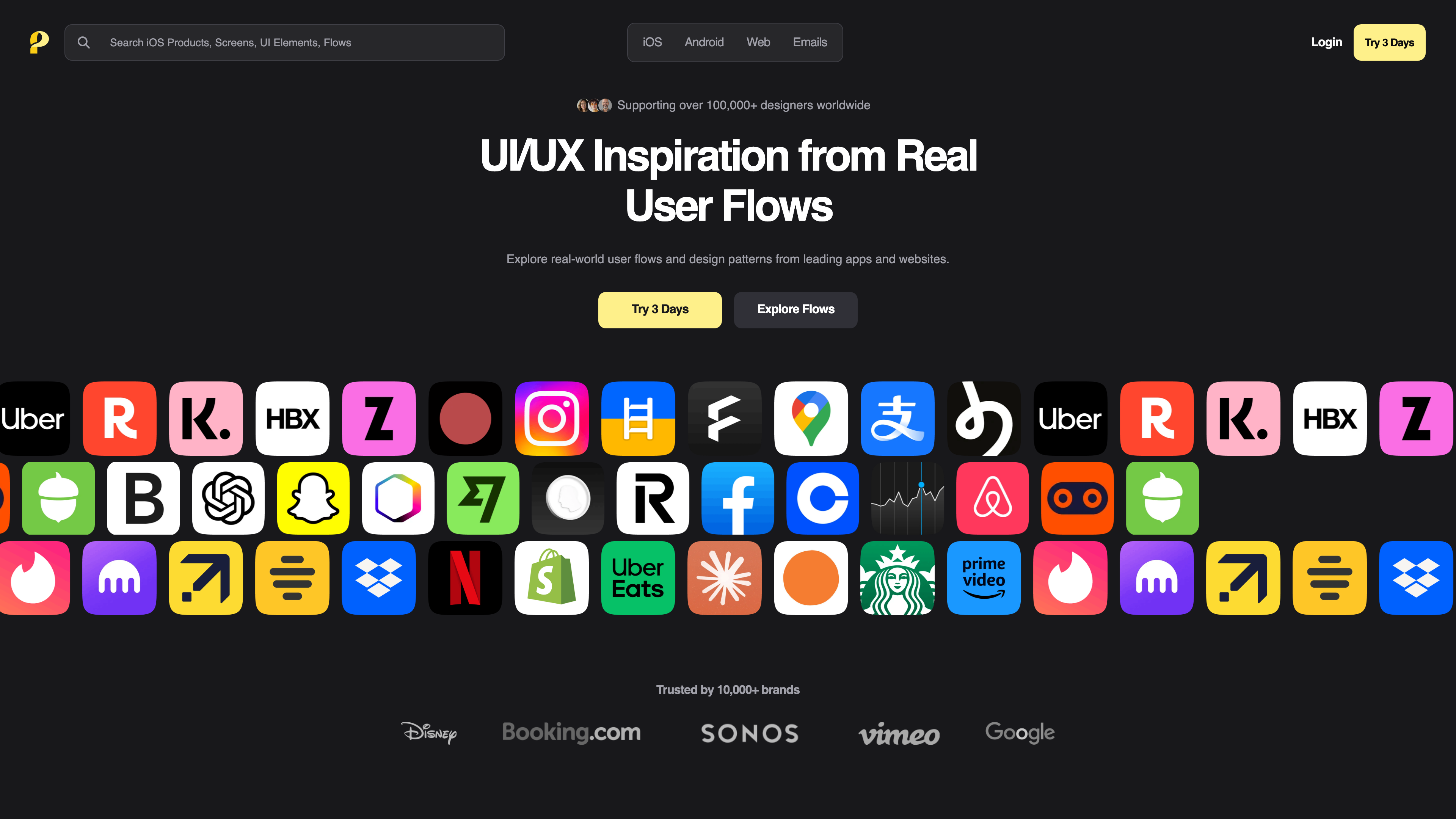 Page Flows homepage: search bar, platform switcher and a wall of covered app icons