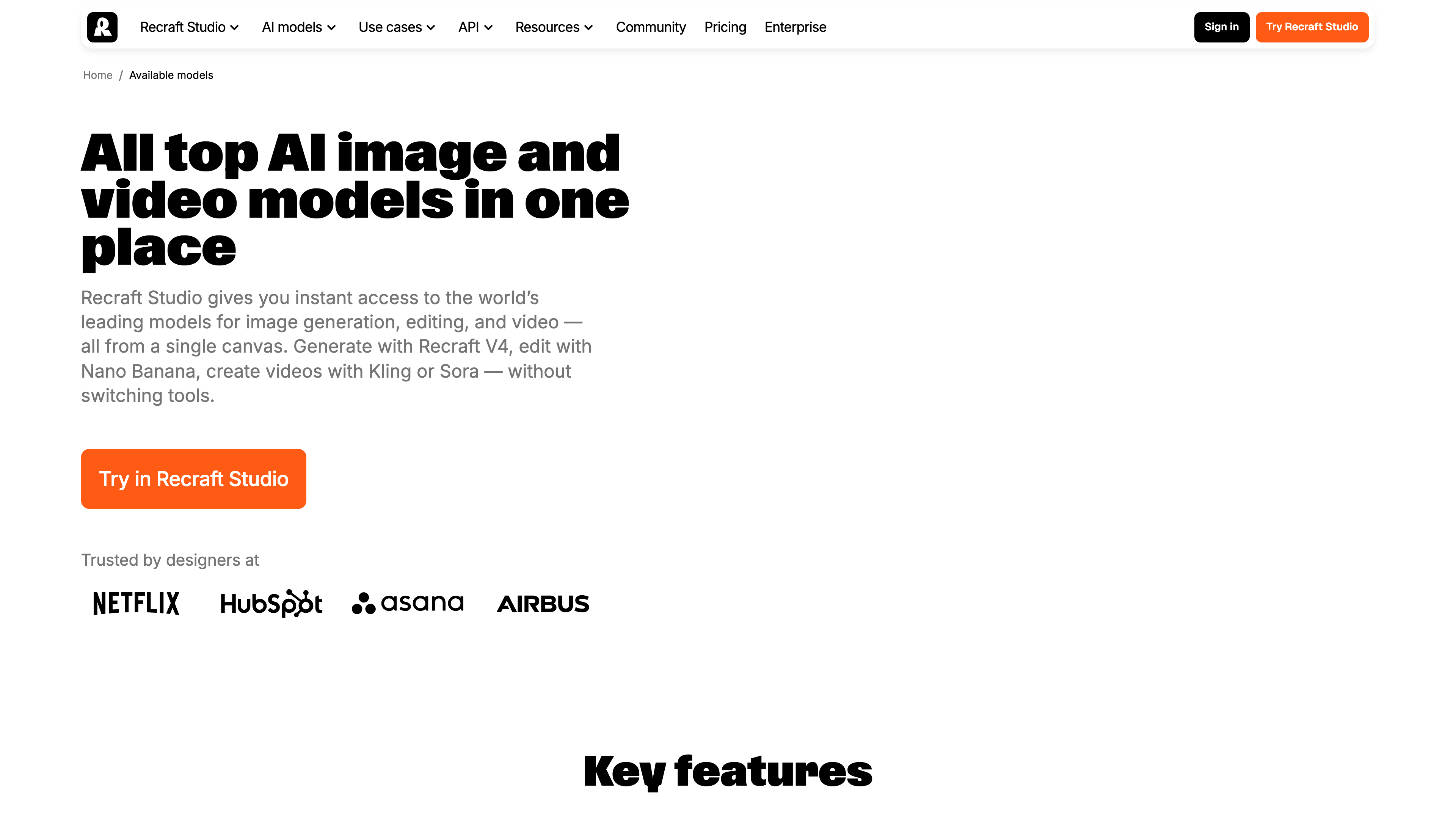 The Recraft AI models page: in-house and third-party image and video models in one canvas