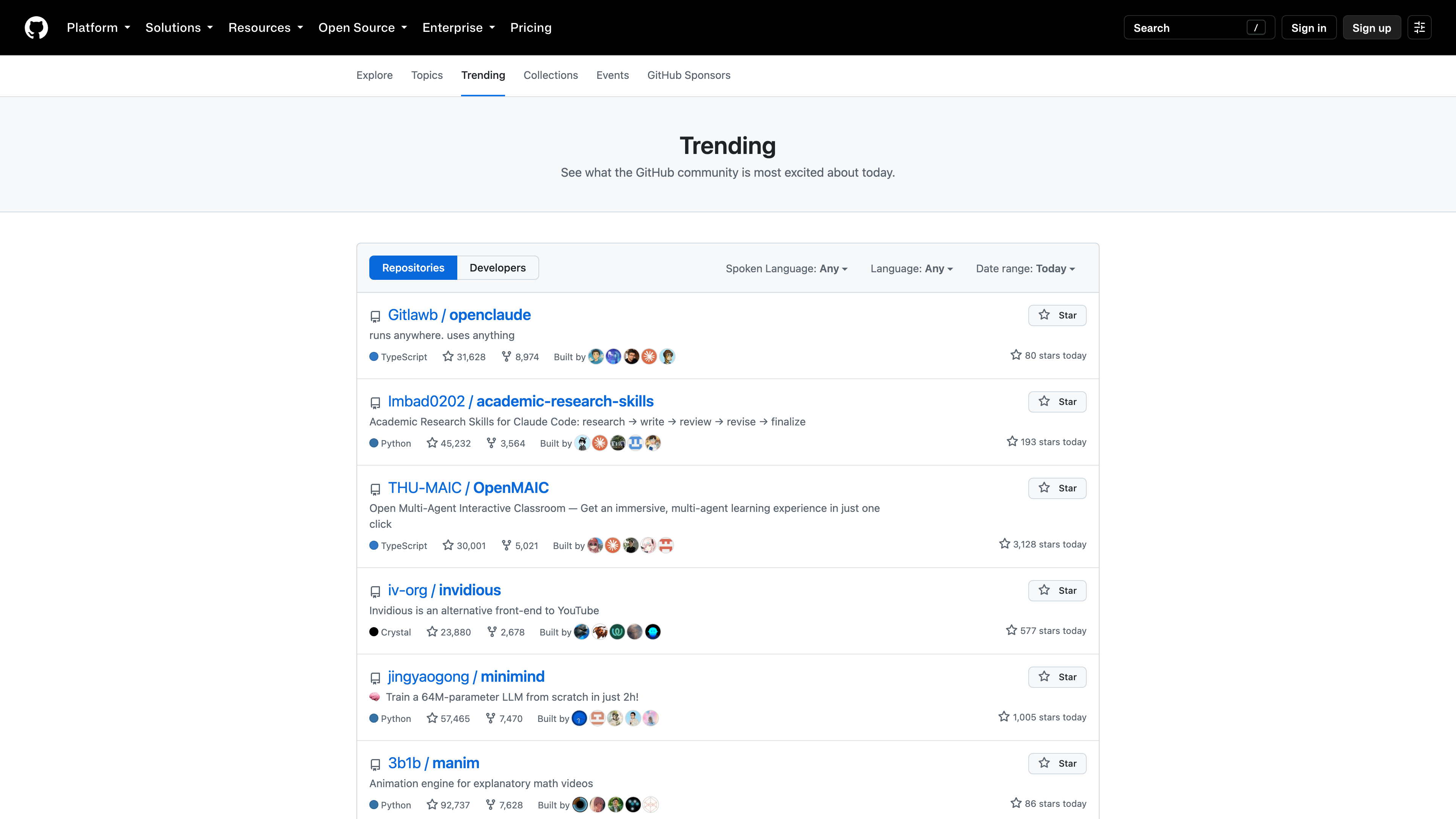 GitHub Trending: repositories ranked by stars gained today