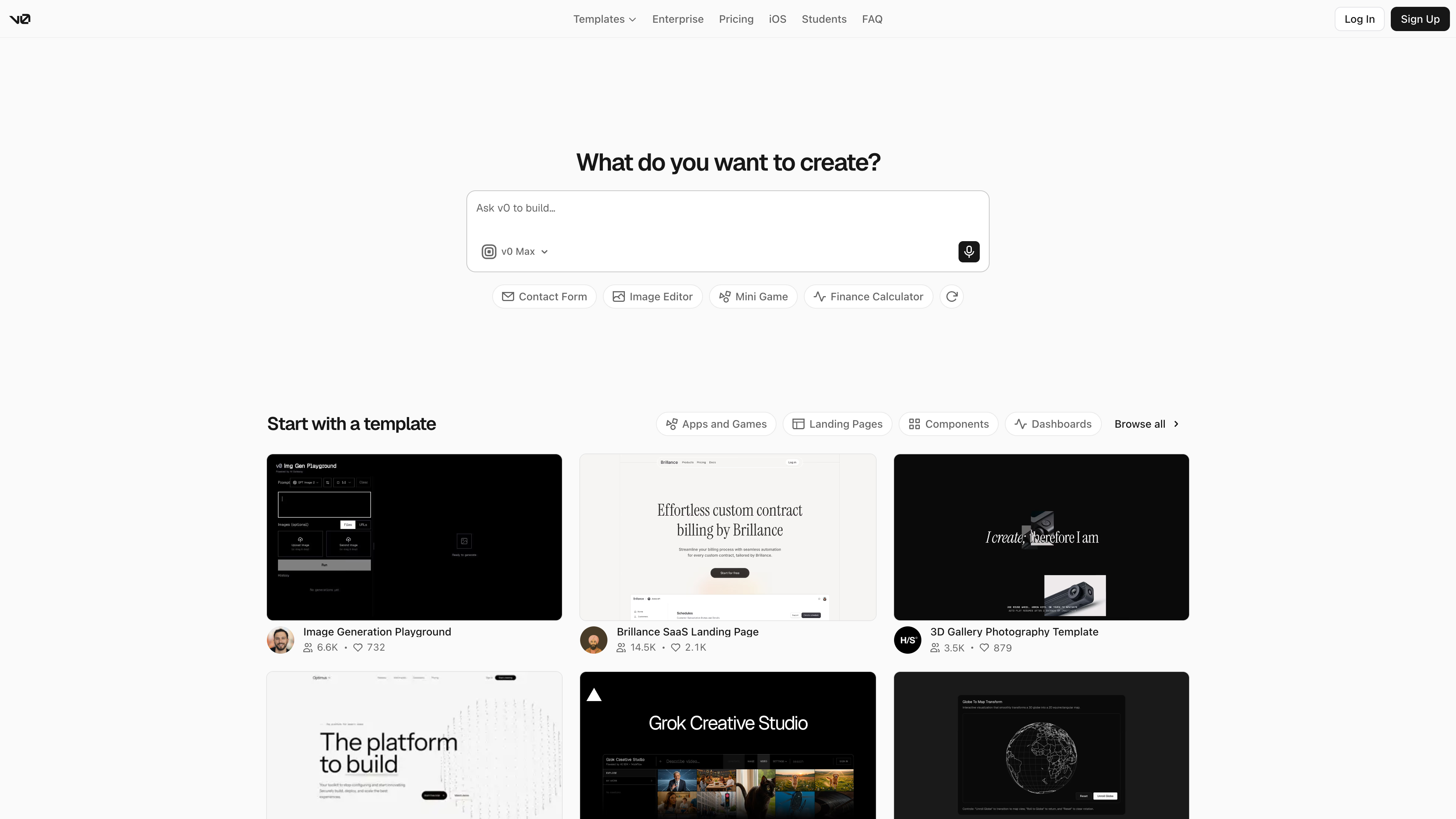 The v0 homepage: "What do you want to create?" above a single prompt box