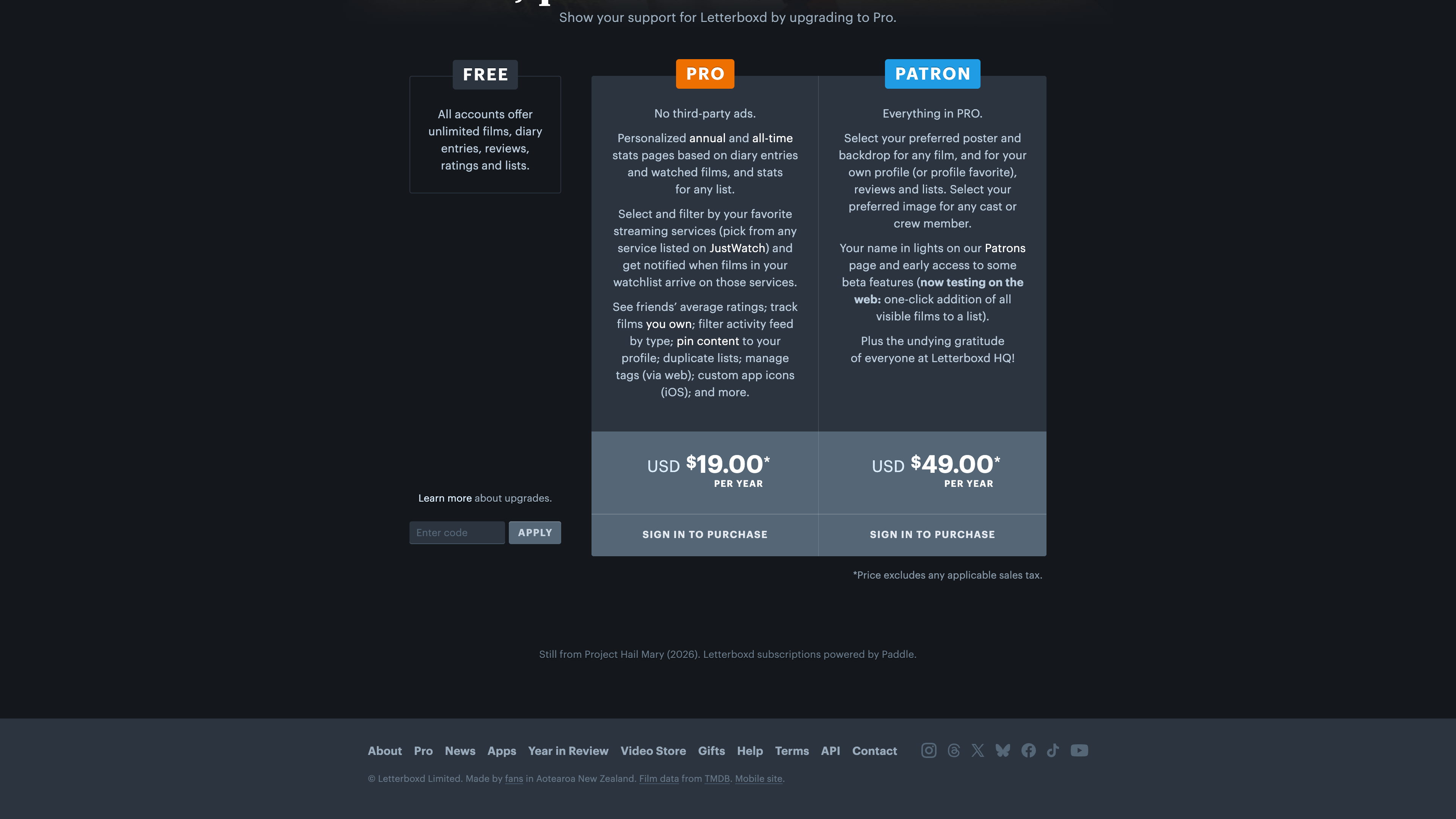 The Pro pricing page: Free versus Pro (US$19/year) versus Patron (US$49/year)