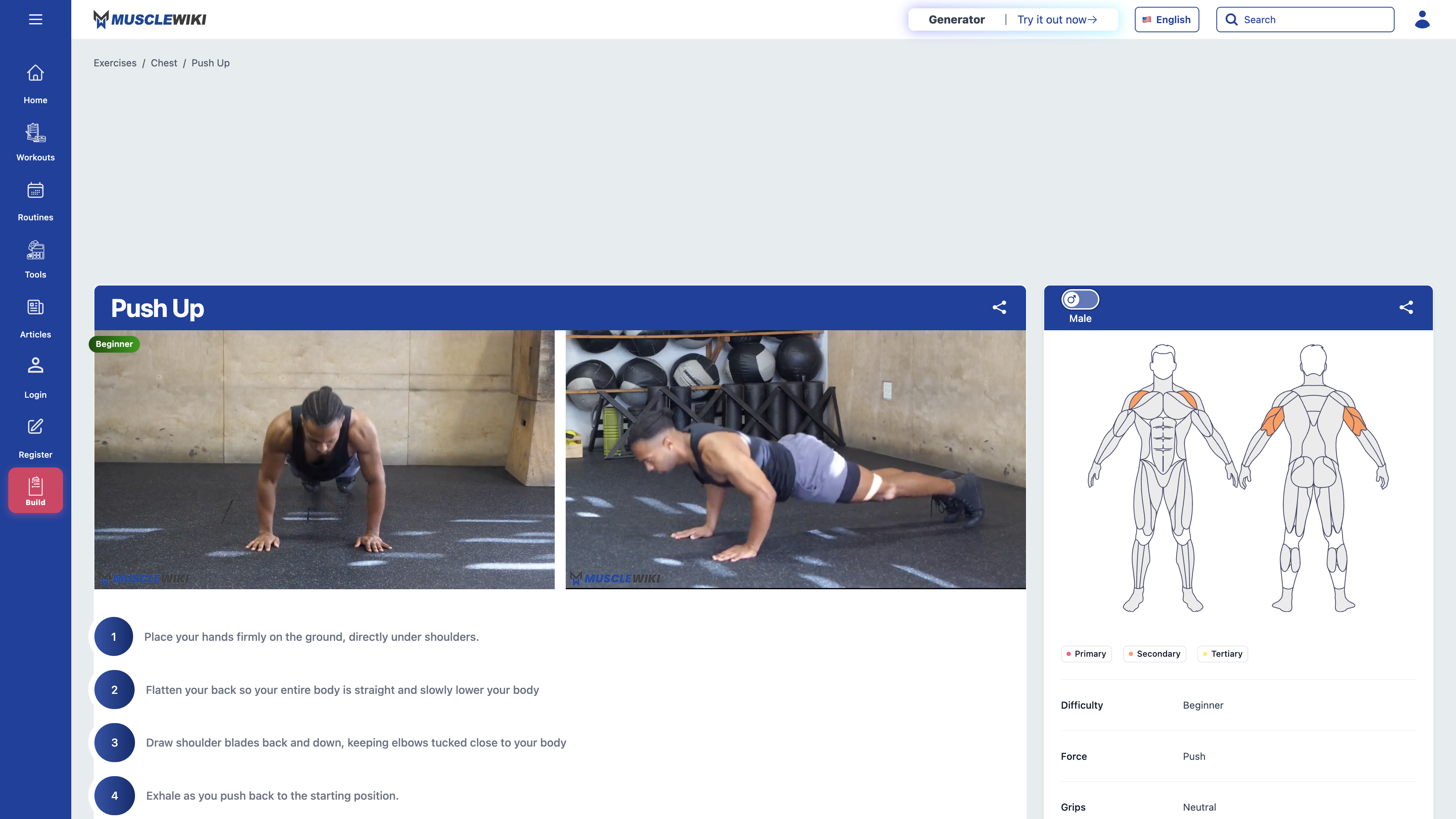 The push-up detail page: step-by-step instructions, dual-angle demo videos, and a body map marking primary and secondary muscles