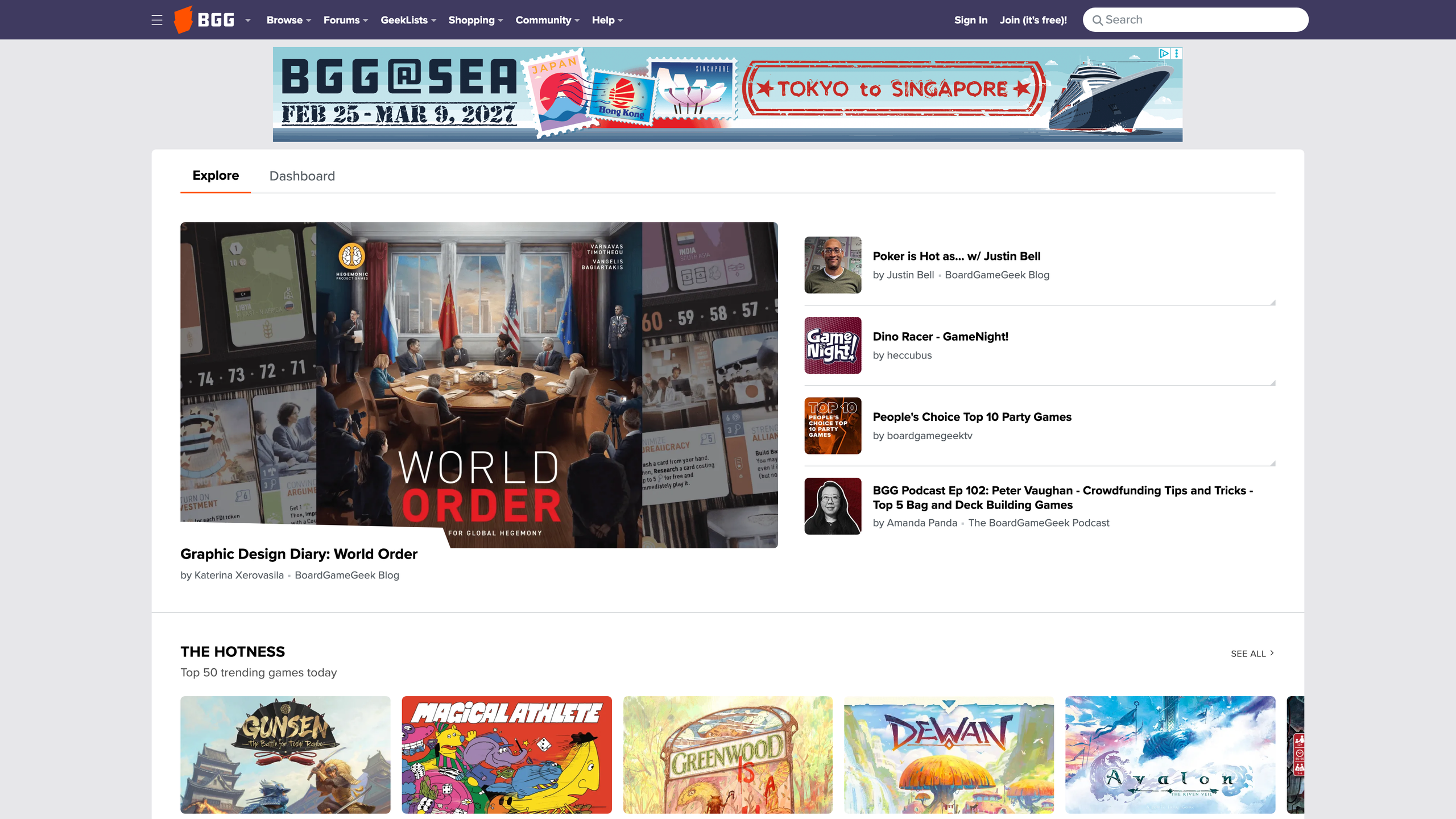 The BoardGameGeek homepage: top navigation, featured stories, and The Hotness trending list