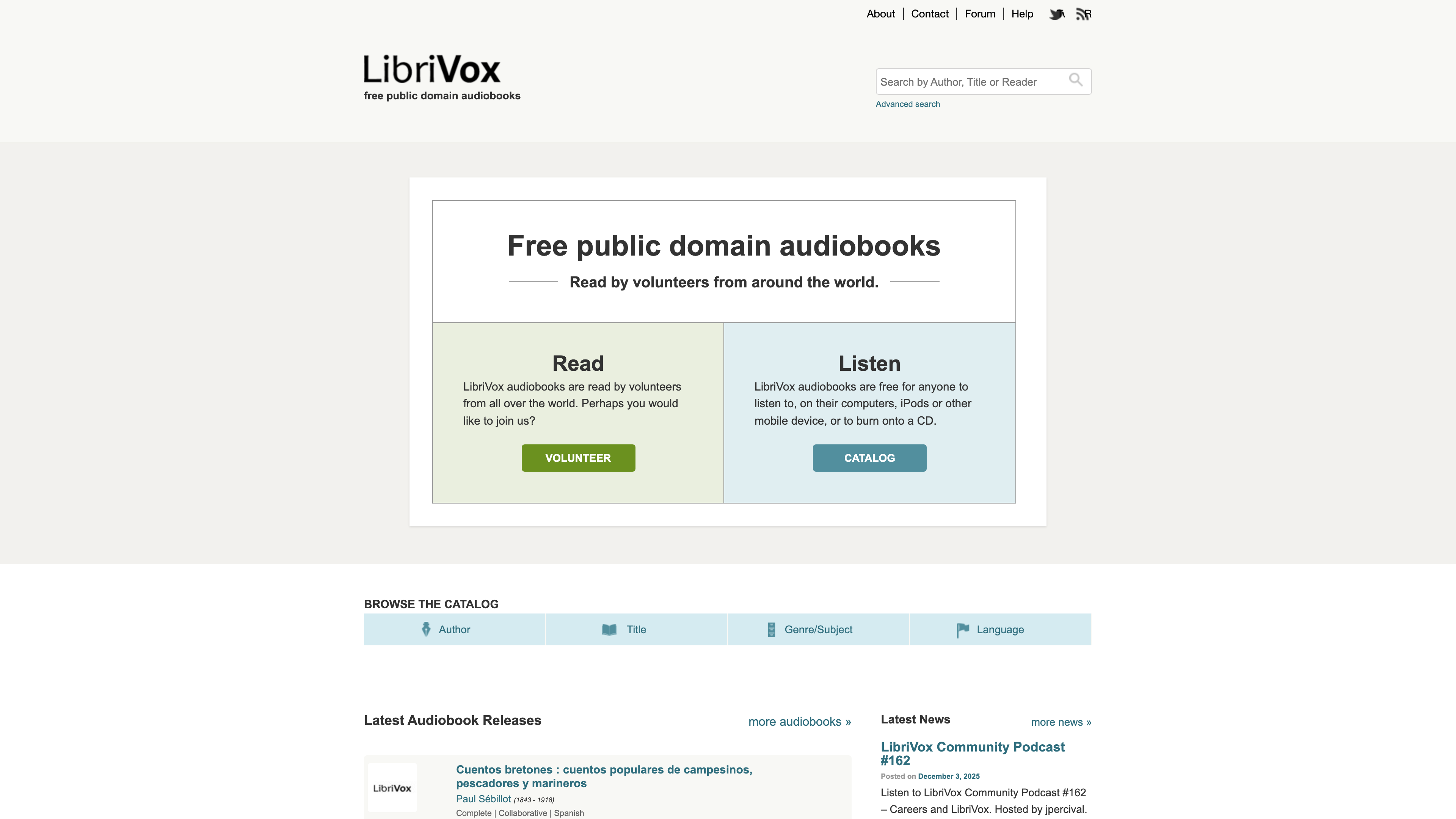 The LibriVox homepage: tagline, Read and Listen entry points, catalog browsing and latest releases
