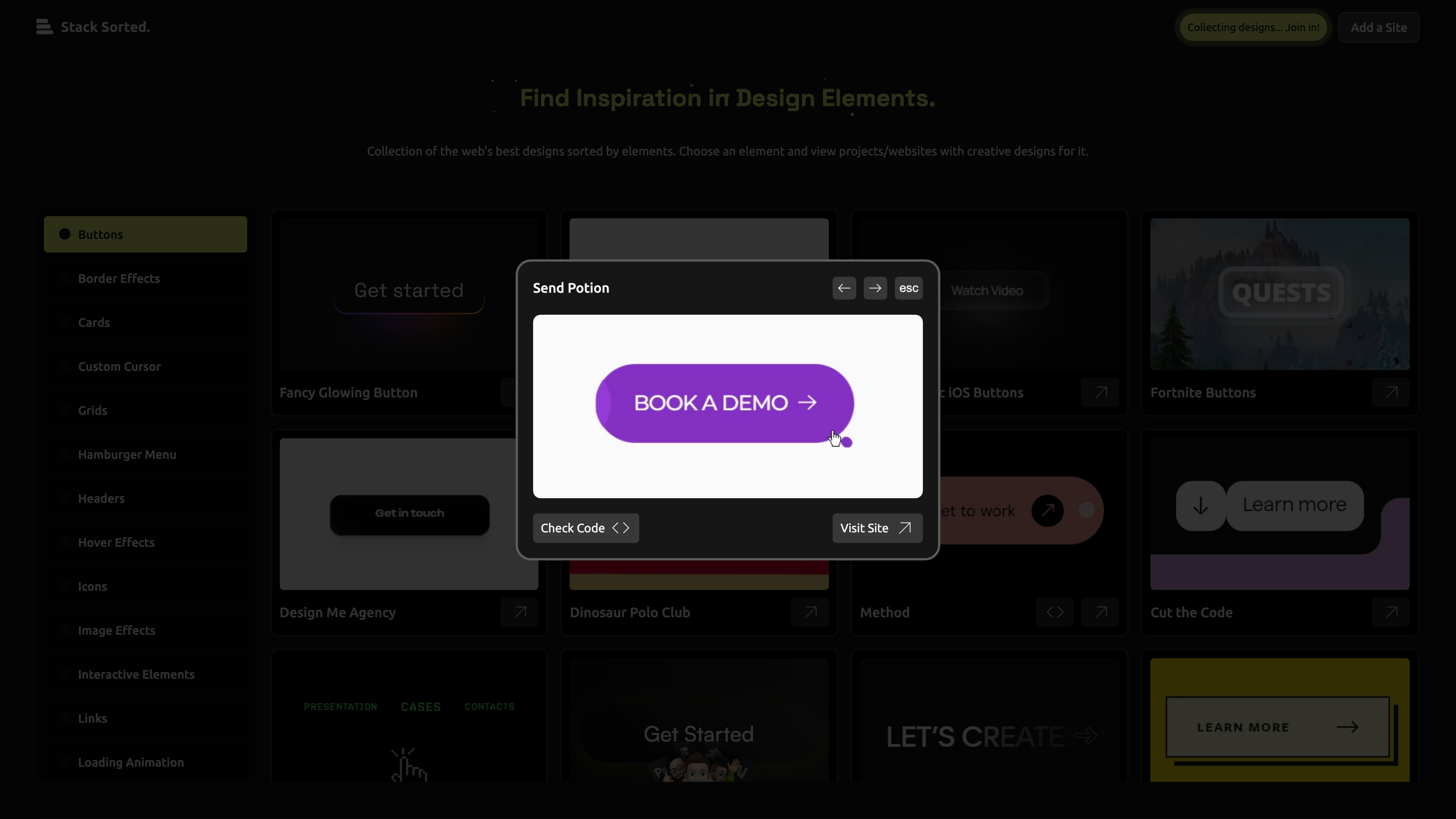 Entry modal: GIF preview, Check Code and Visit Site