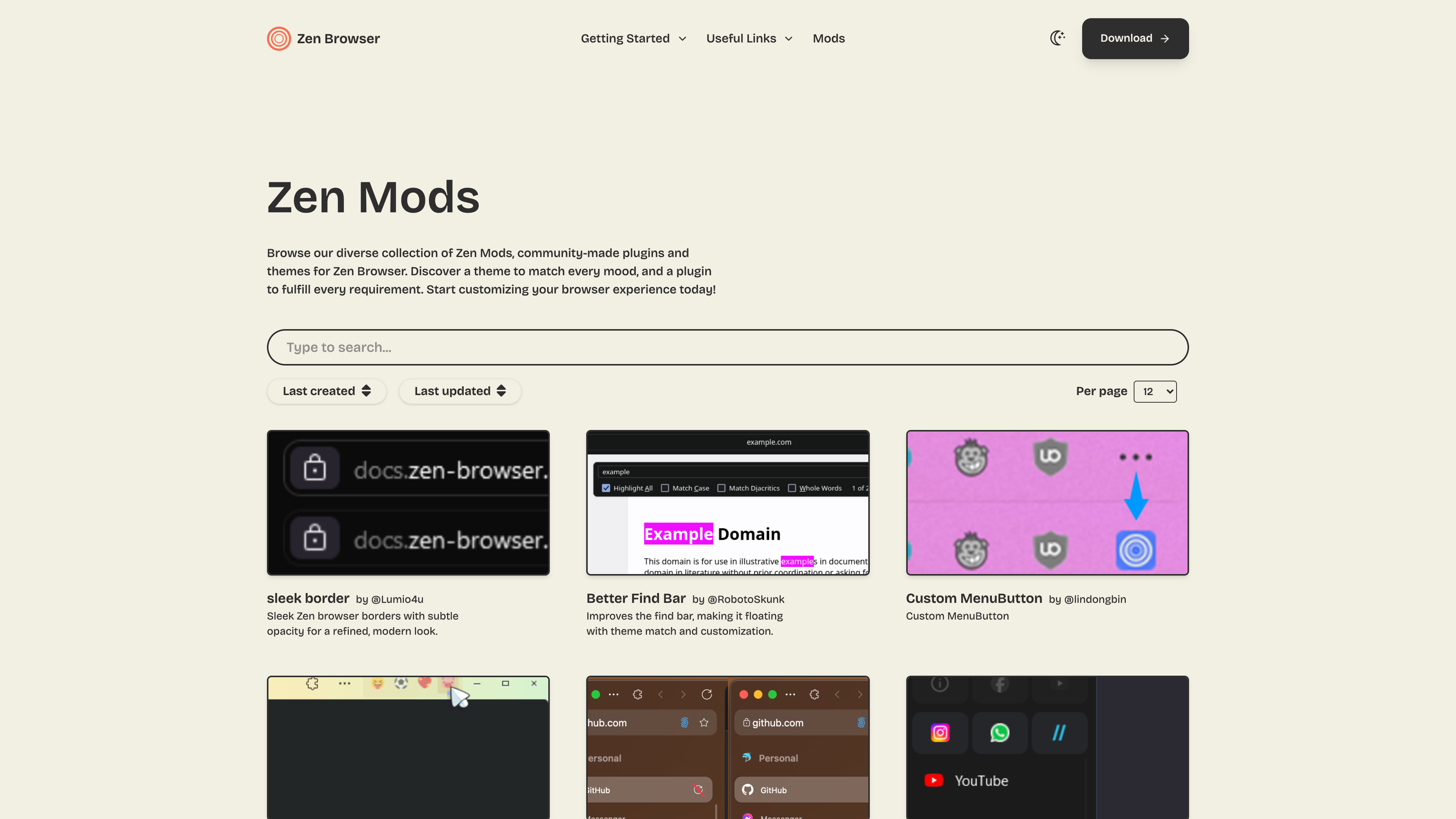 The Zen Mods store: community-made themes and UI tweaks with previews and author credits