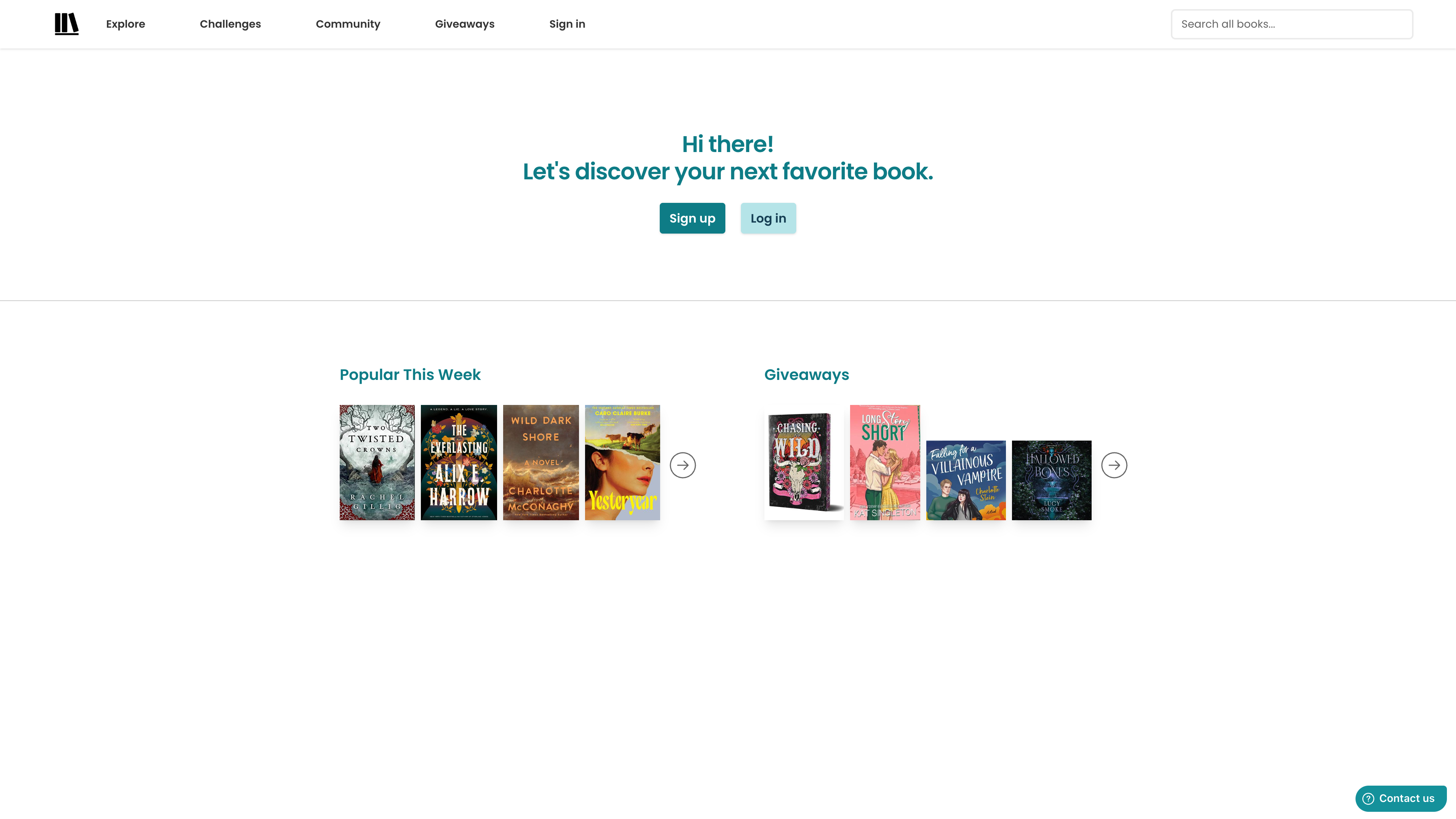 The StoryGraph app landing page: navigation includes Explore, Challenges, Community, and Giveaways; Popular This Week and Giveaways are browsable without an account