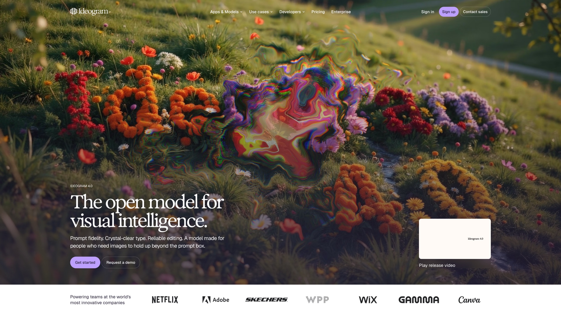 Ideogram homepage: a hero image of flowers spelling IDEOGRAM, with the tagline “The open model for visual intelligence”