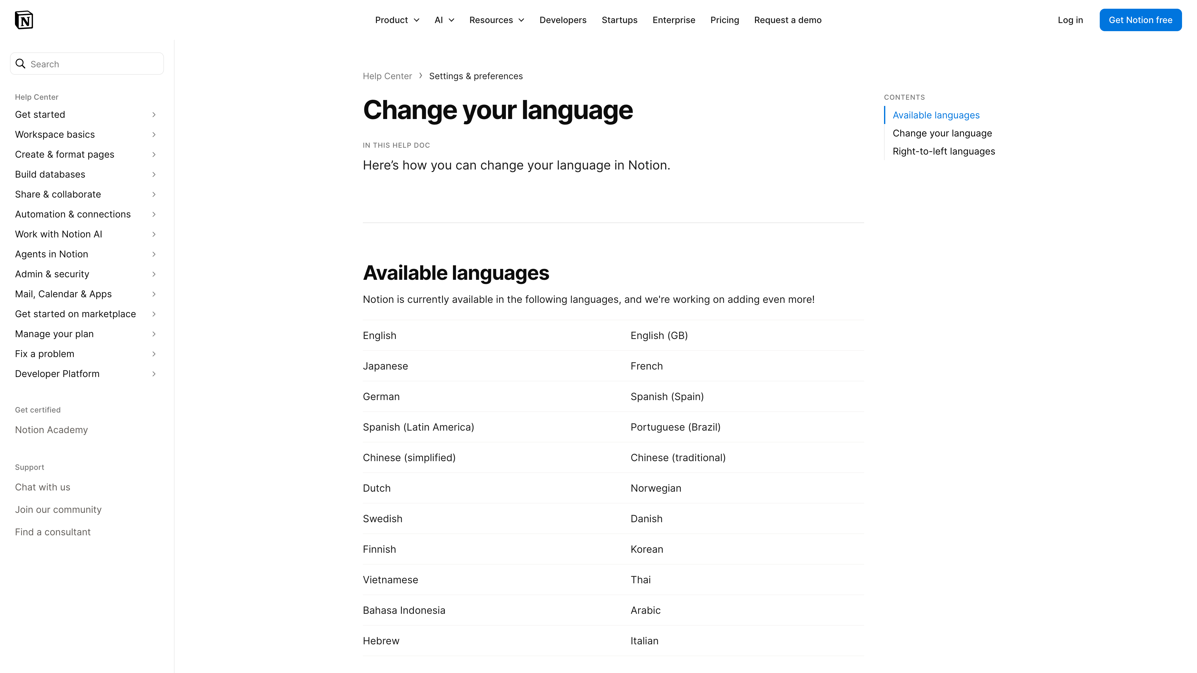 The Notion Help Center article "Change your language", listing 22 interface languages