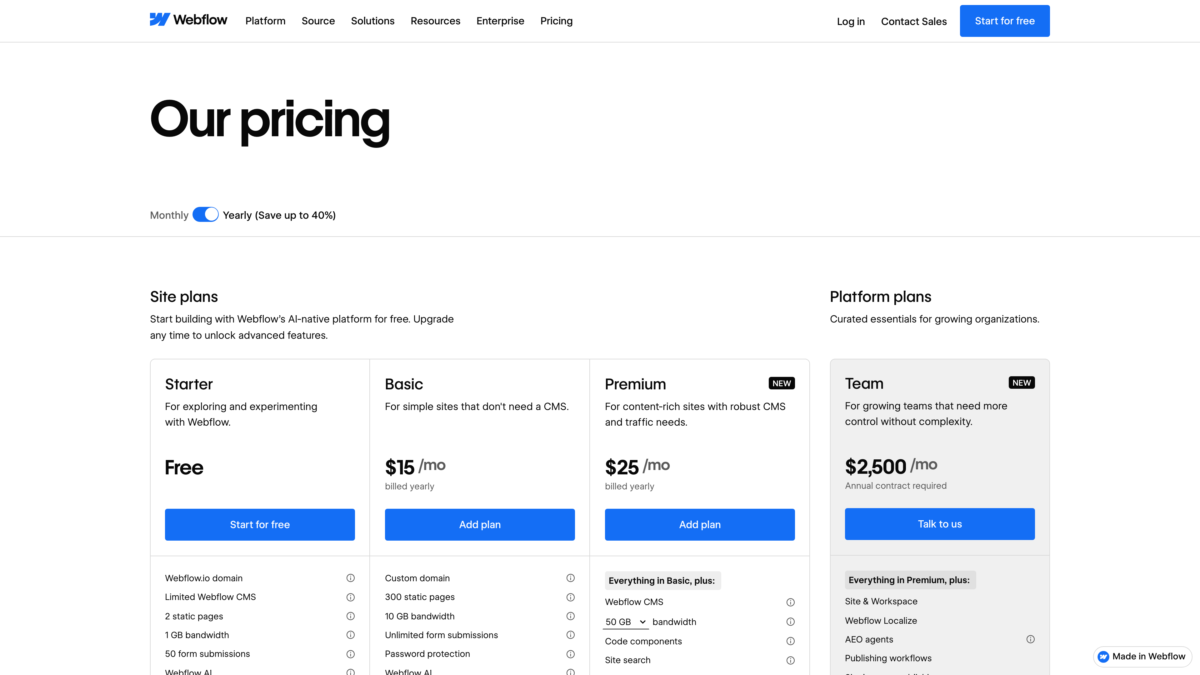 Webflow pricing page: Site plans and Platform plans