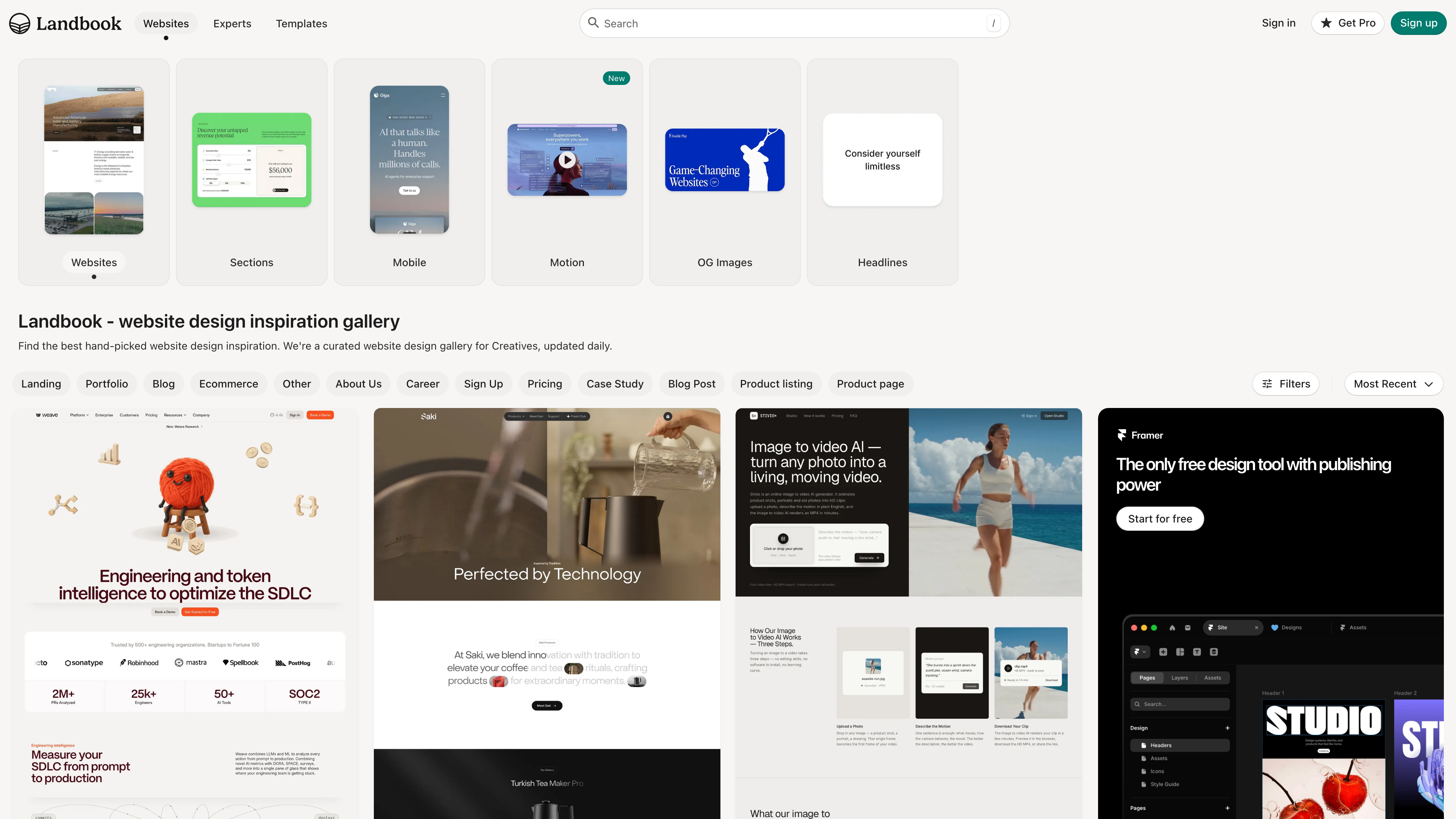 Landbook homepage: collection tabs and filter bar