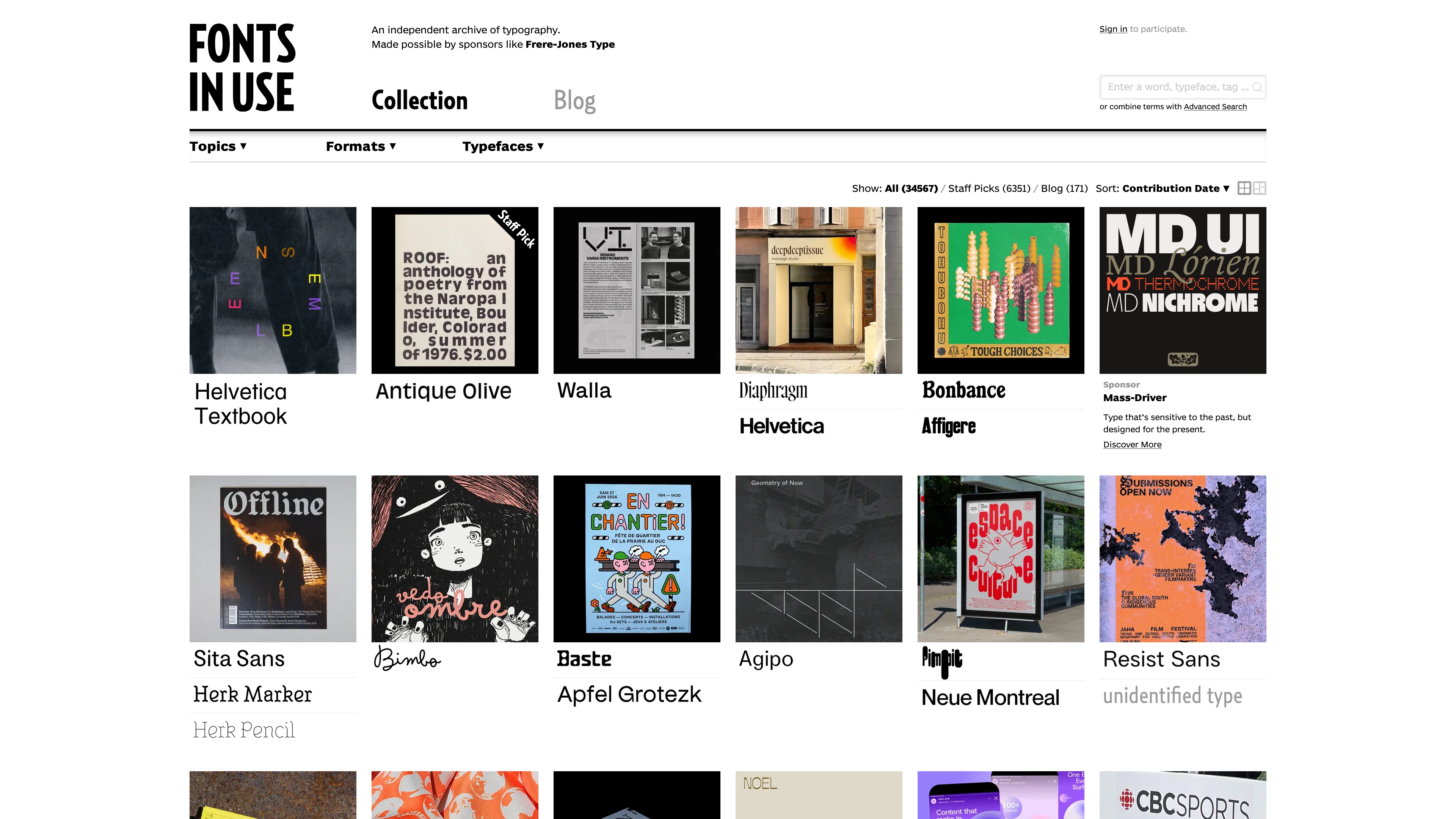The Fonts In Use homepage: a gallery of Uses sorted by contribution date, filterable by topic, format, and typeface