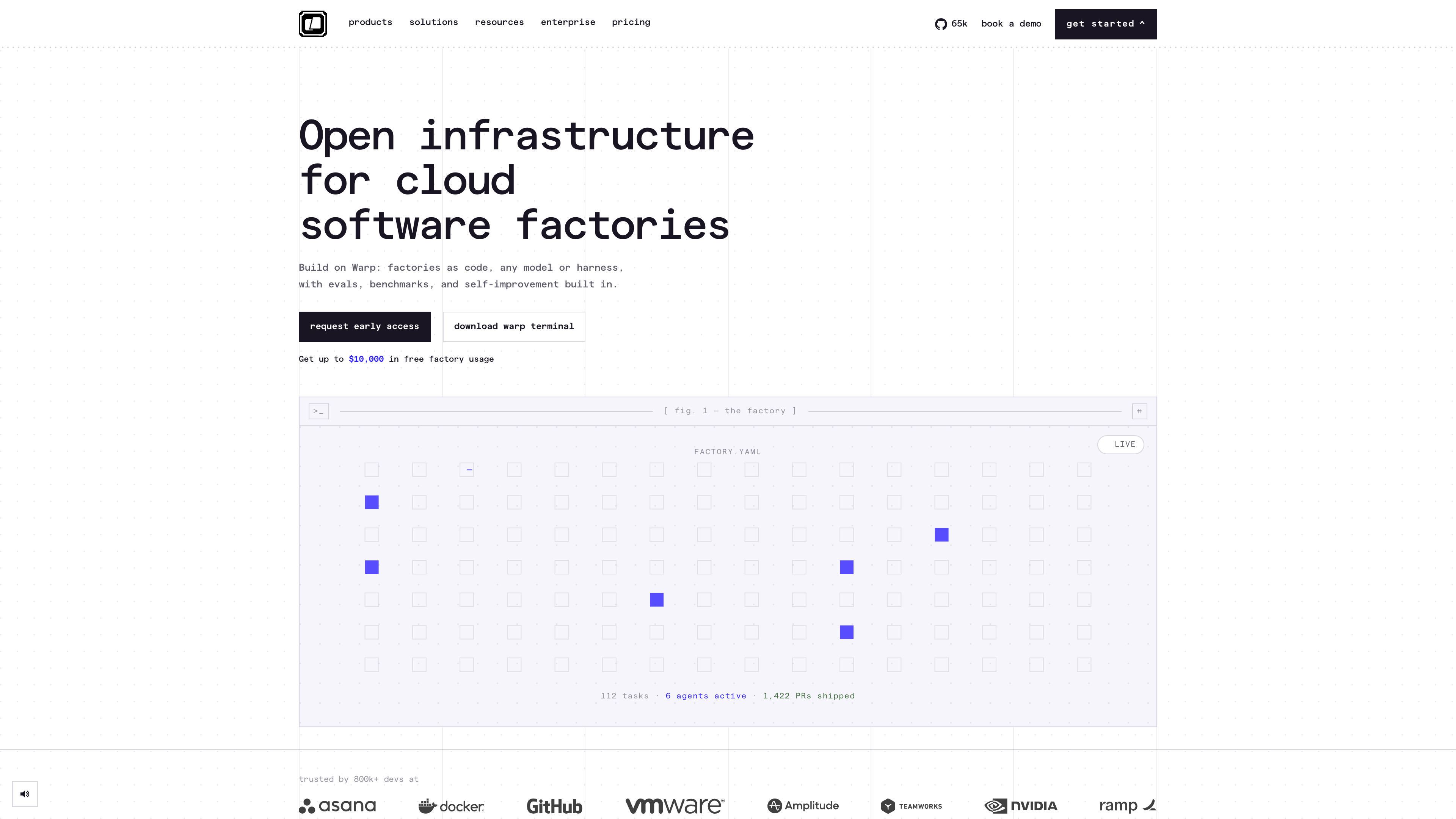 The Warp homepage: the hero reads “Open infrastructure for cloud software factories,” above a live factory task board and customer logos
