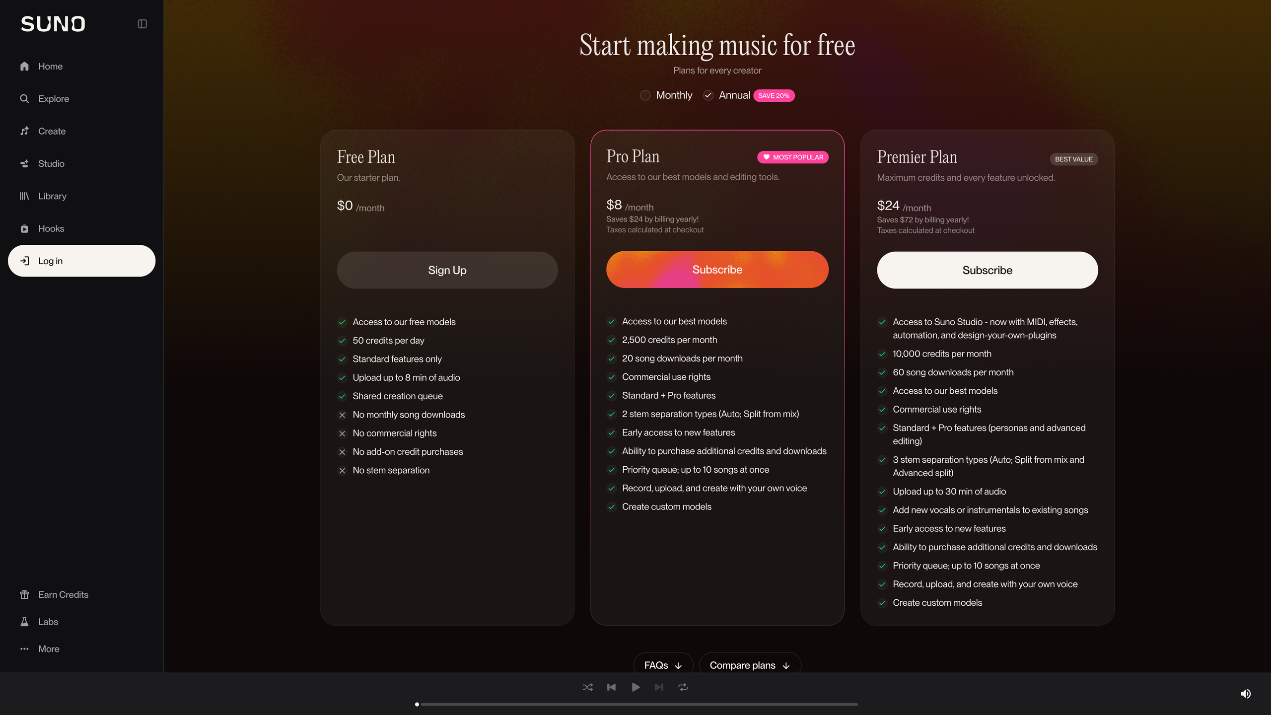 The Suno pricing page comparing the Free, Pro, and Premier plans, with Pro marked Most Popular and Premier Best Value