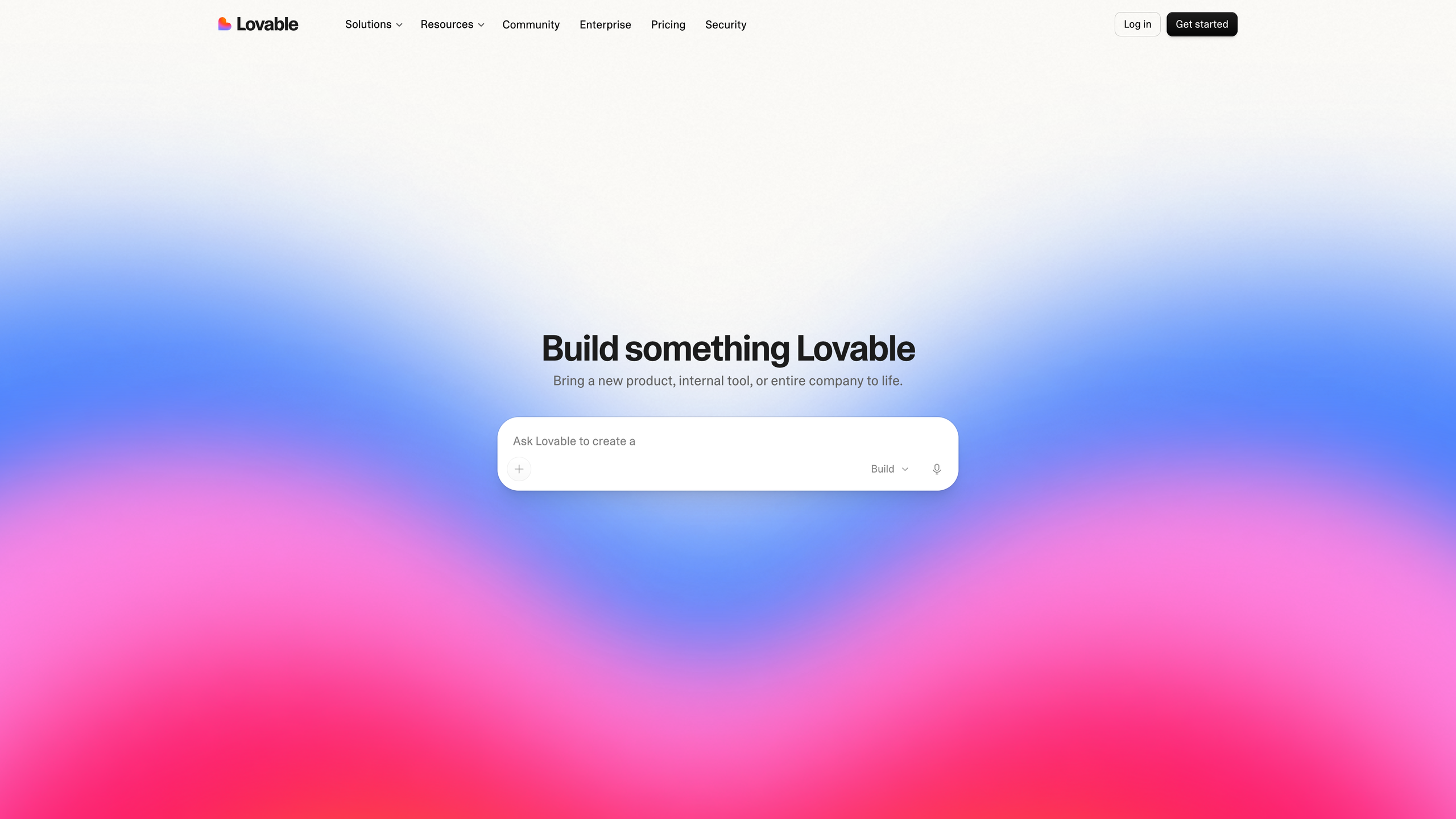 The Lovable homepage: the “Build something Lovable” hero with a single prompt box