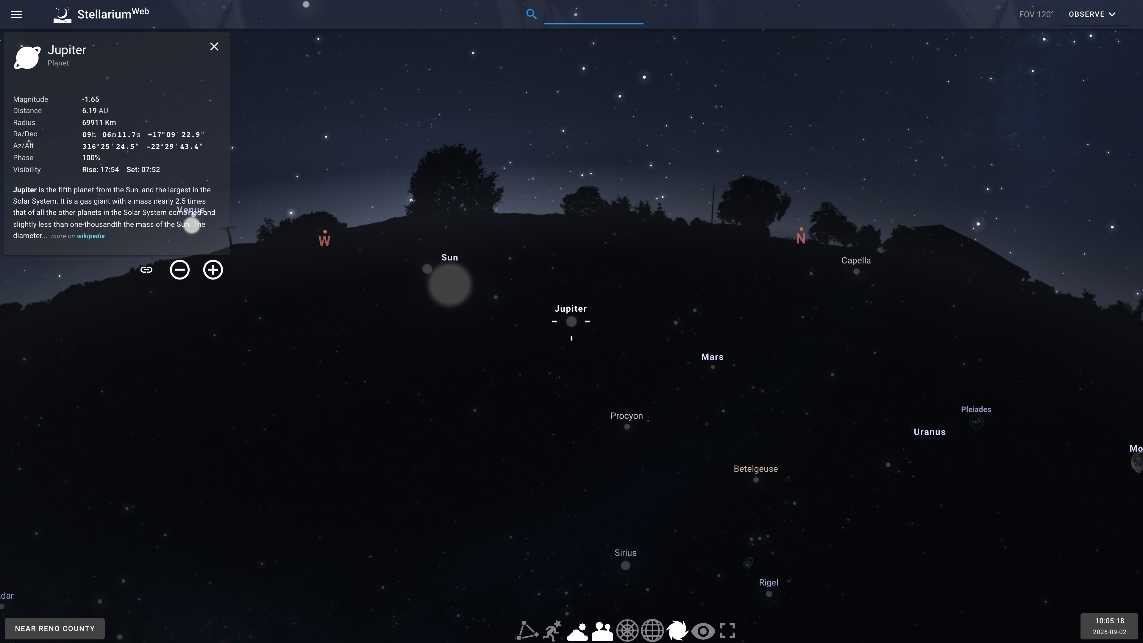 Object information panel after searching for Jupiter