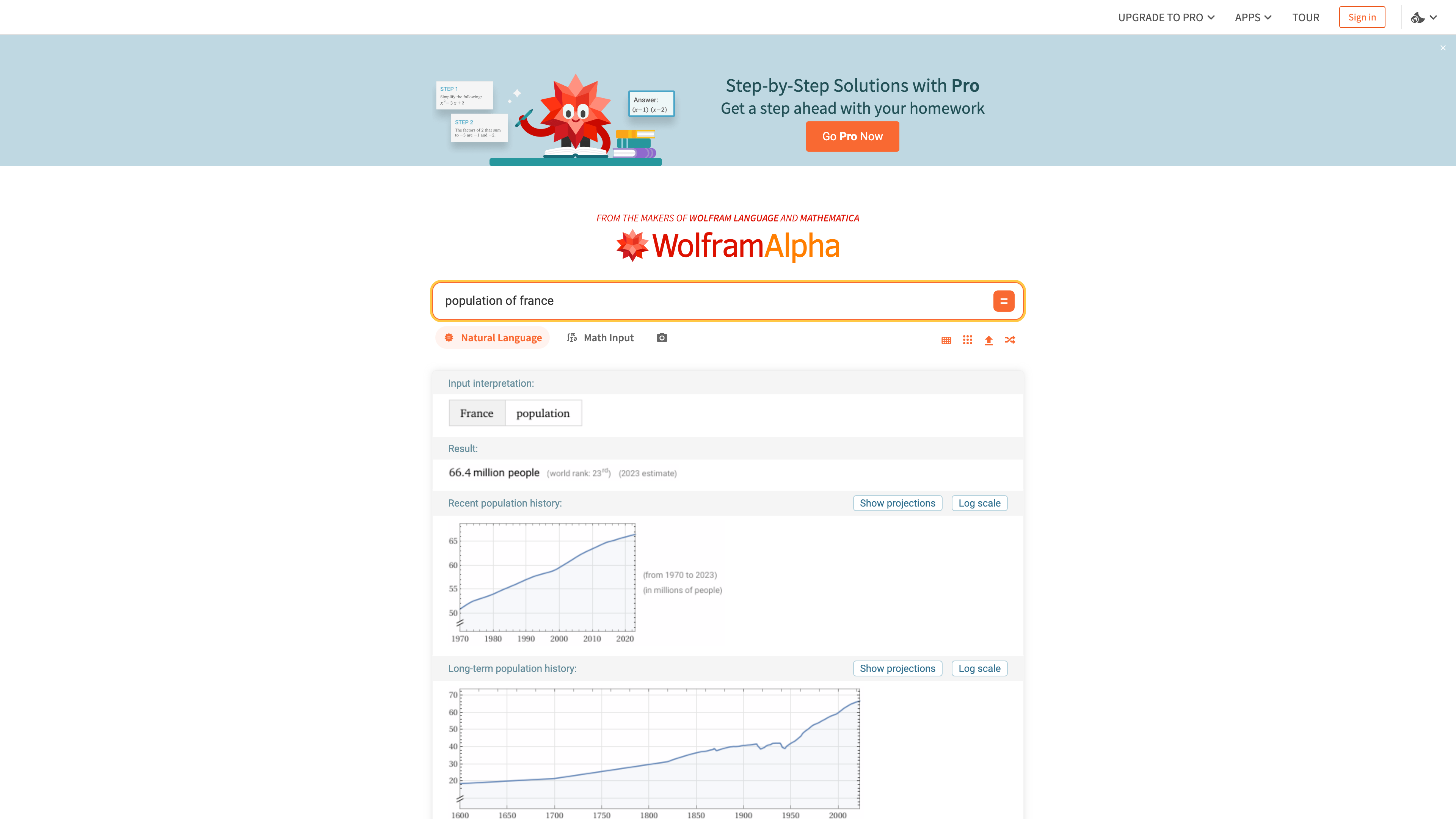 A Wolfram|Alpha result page for "population of france": input interpretation, a result with year and world rank, and historical population charts