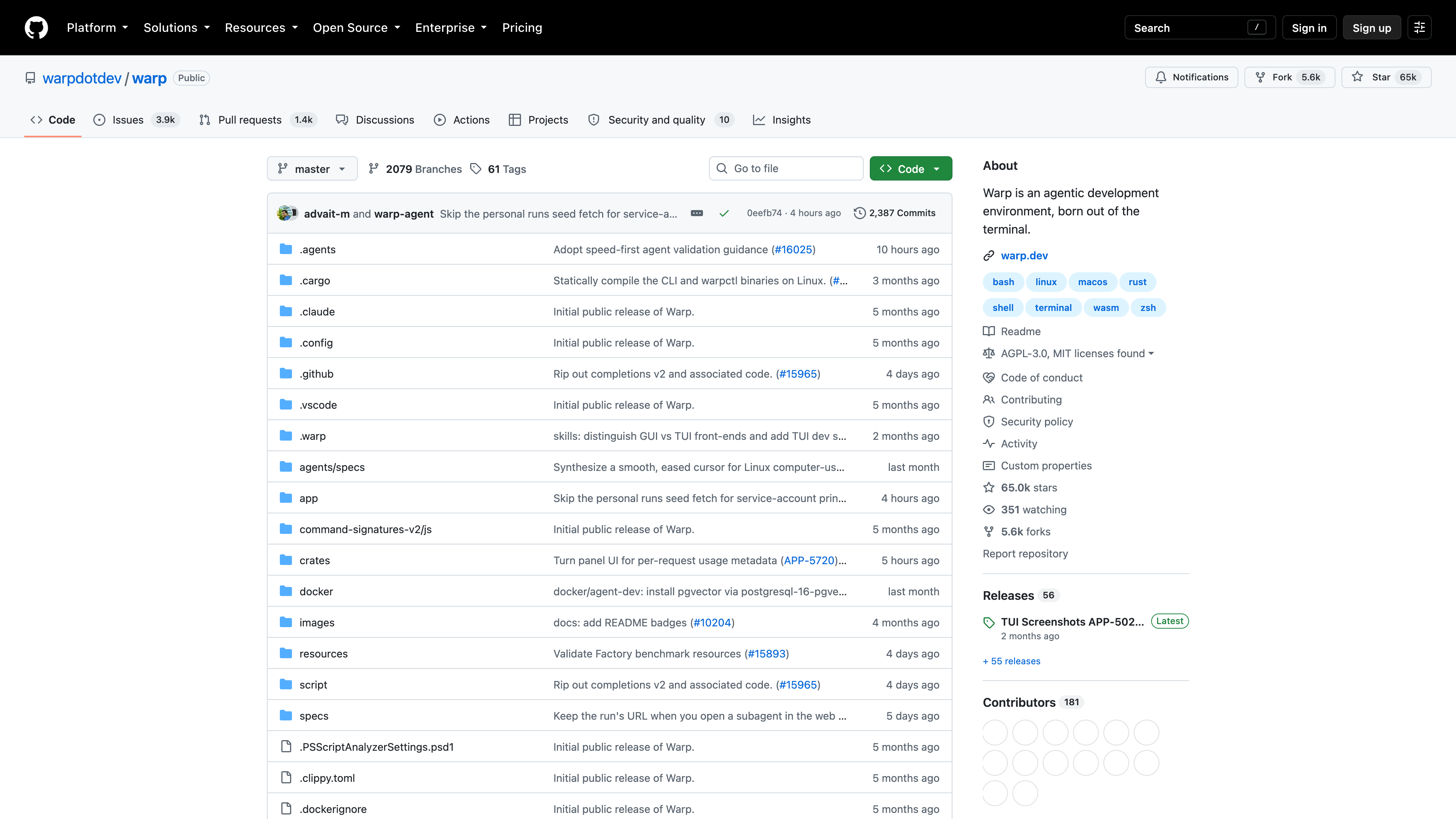 The warpdotdev/warp GitHub repository: AGPL-3.0 and MIT licenses, about 65k stars