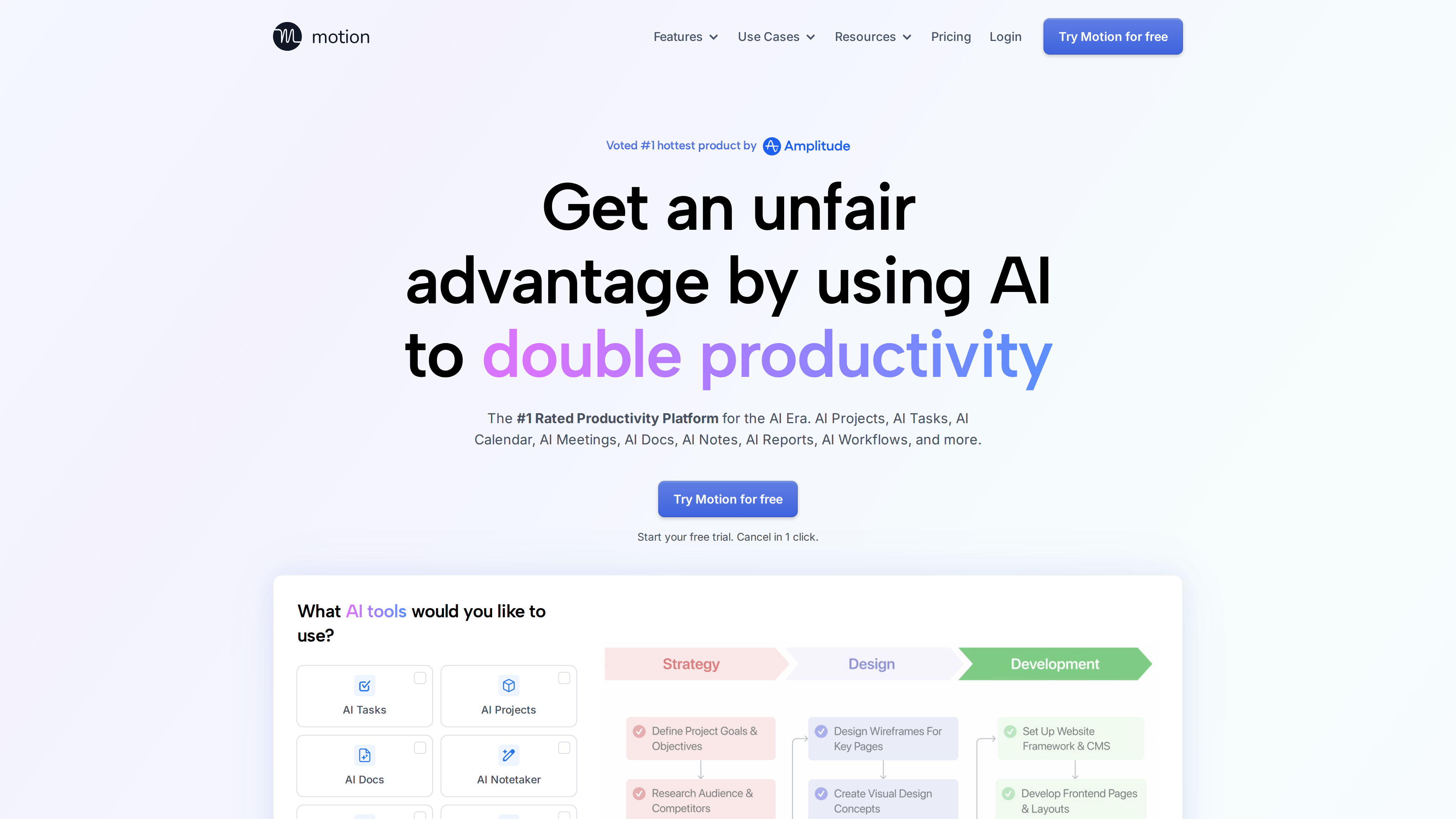 Motion 官网首页截图，主标语为 "Get an unfair advantage by using AI to double productivity"，下方展示 AI Tasks、AI Projects、AI Docs、AI Notetaker 等工具入口与项目阶段示意图