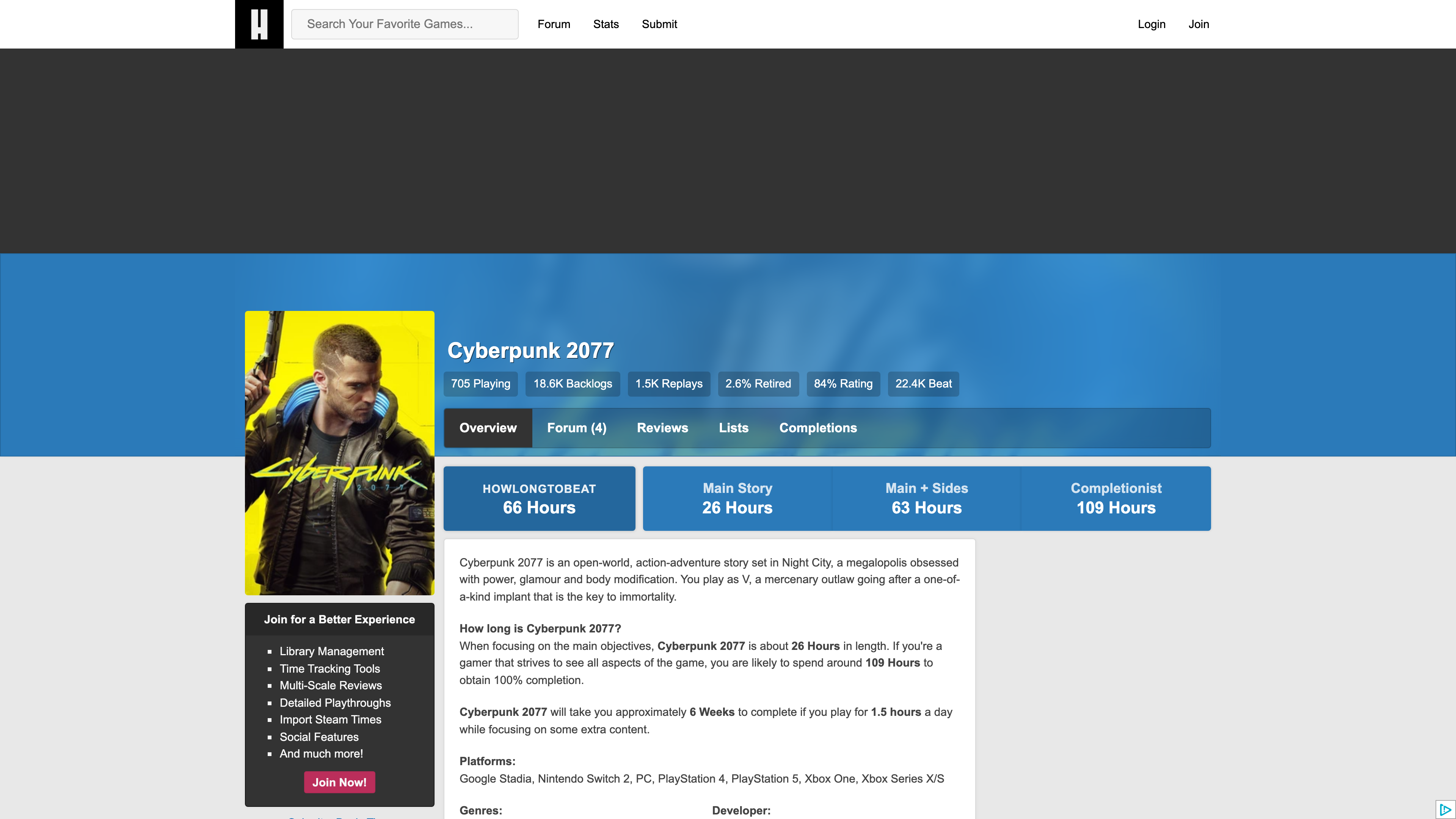The Cyberpunk 2077 game page: header stats for playing, backlogs, replays, retirement, rating, and completions, above four time tiers