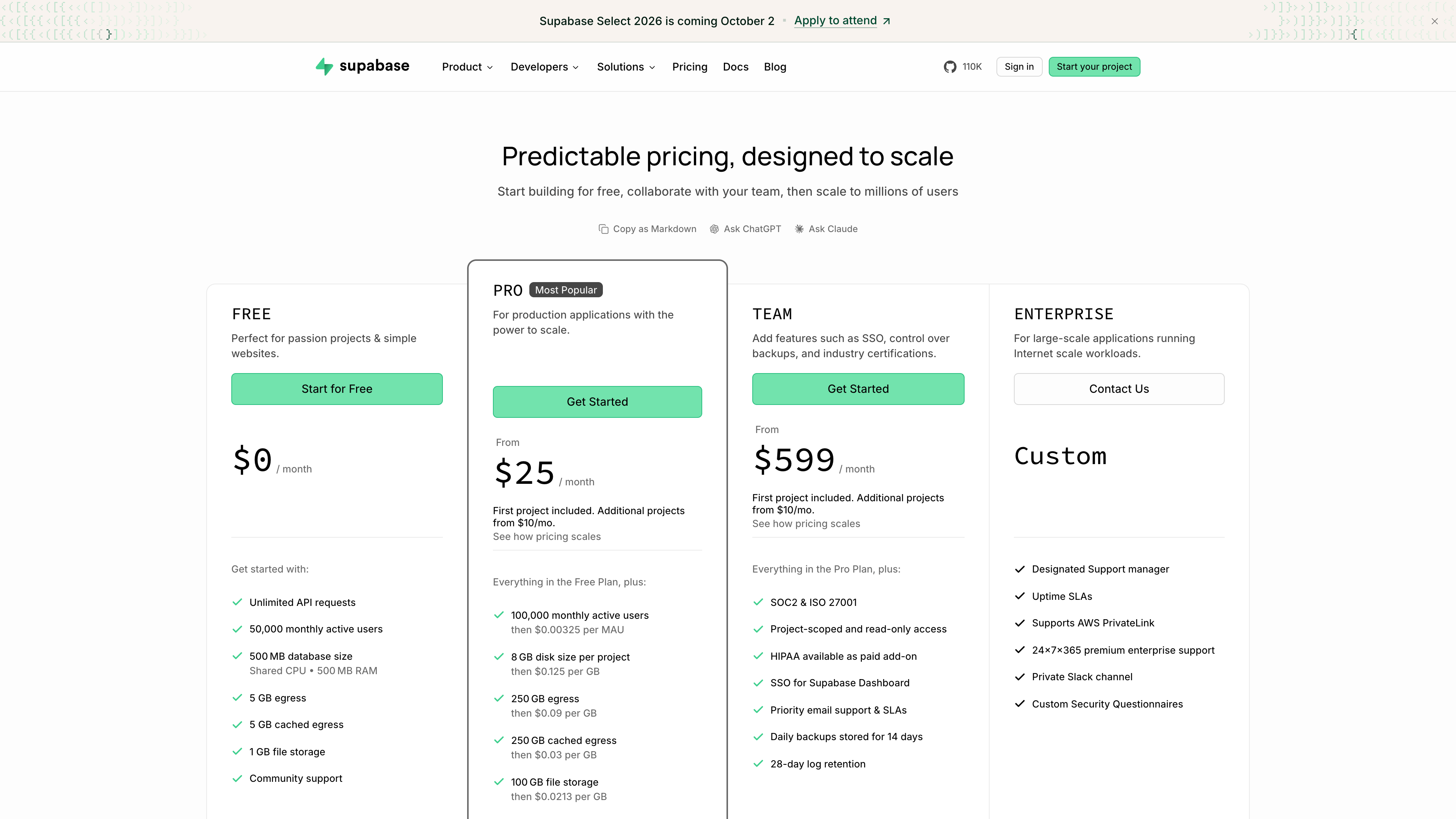 Supabase's pricing page: Free at $0, Pro from $25/month, Team from $599/month, Enterprise custom