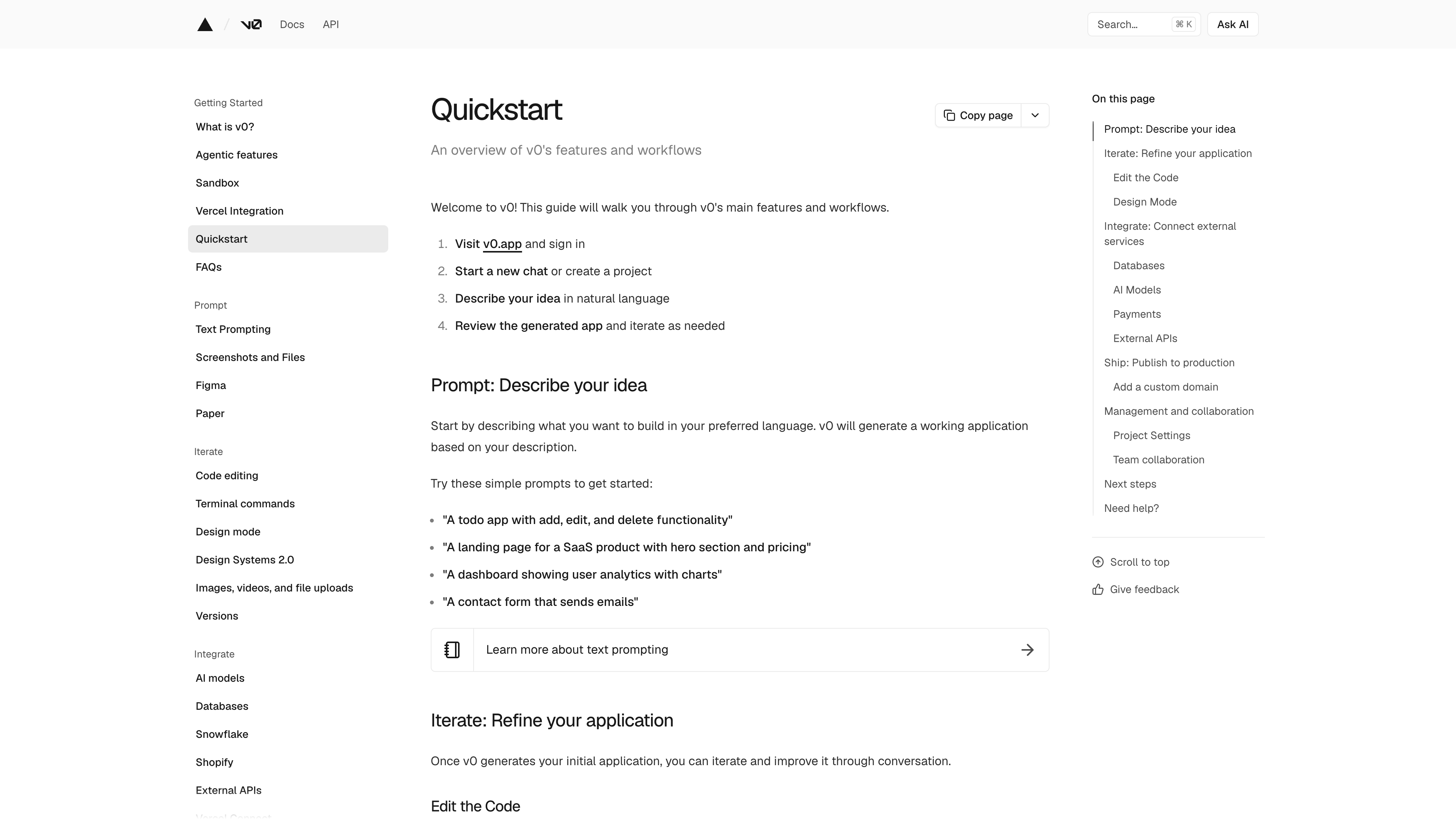 The v0 documentation site: the quickstart page with the feature navigation sidebar
