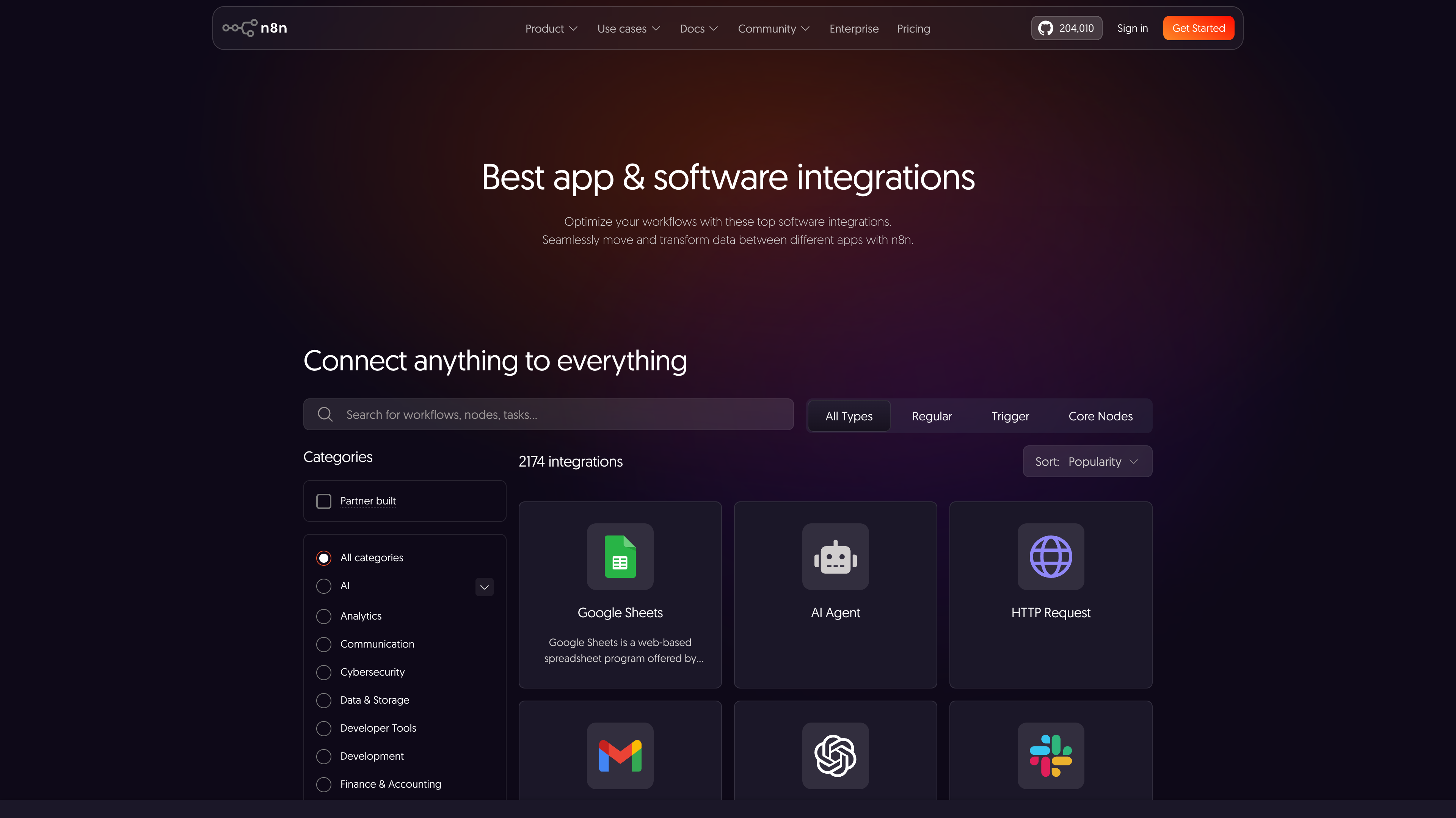 The n8n integration directory: “2174 integrations,” filterable by category and type, with cards for Google Sheets, AI Agent, HTTP Request, and more