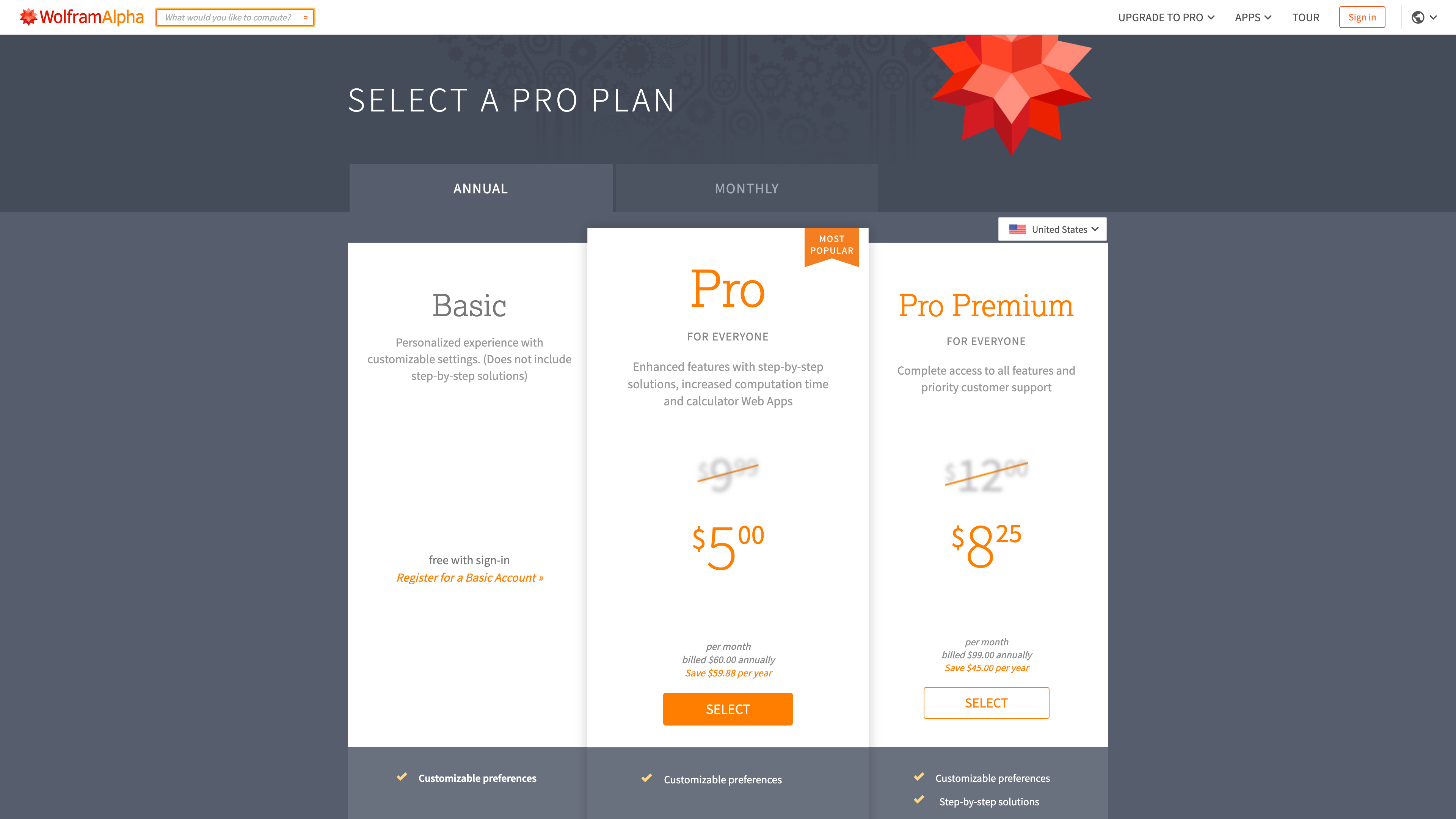 The Wolfram|Alpha Pro pricing page: the Basic, Pro and Pro Premium tiers on annual billing