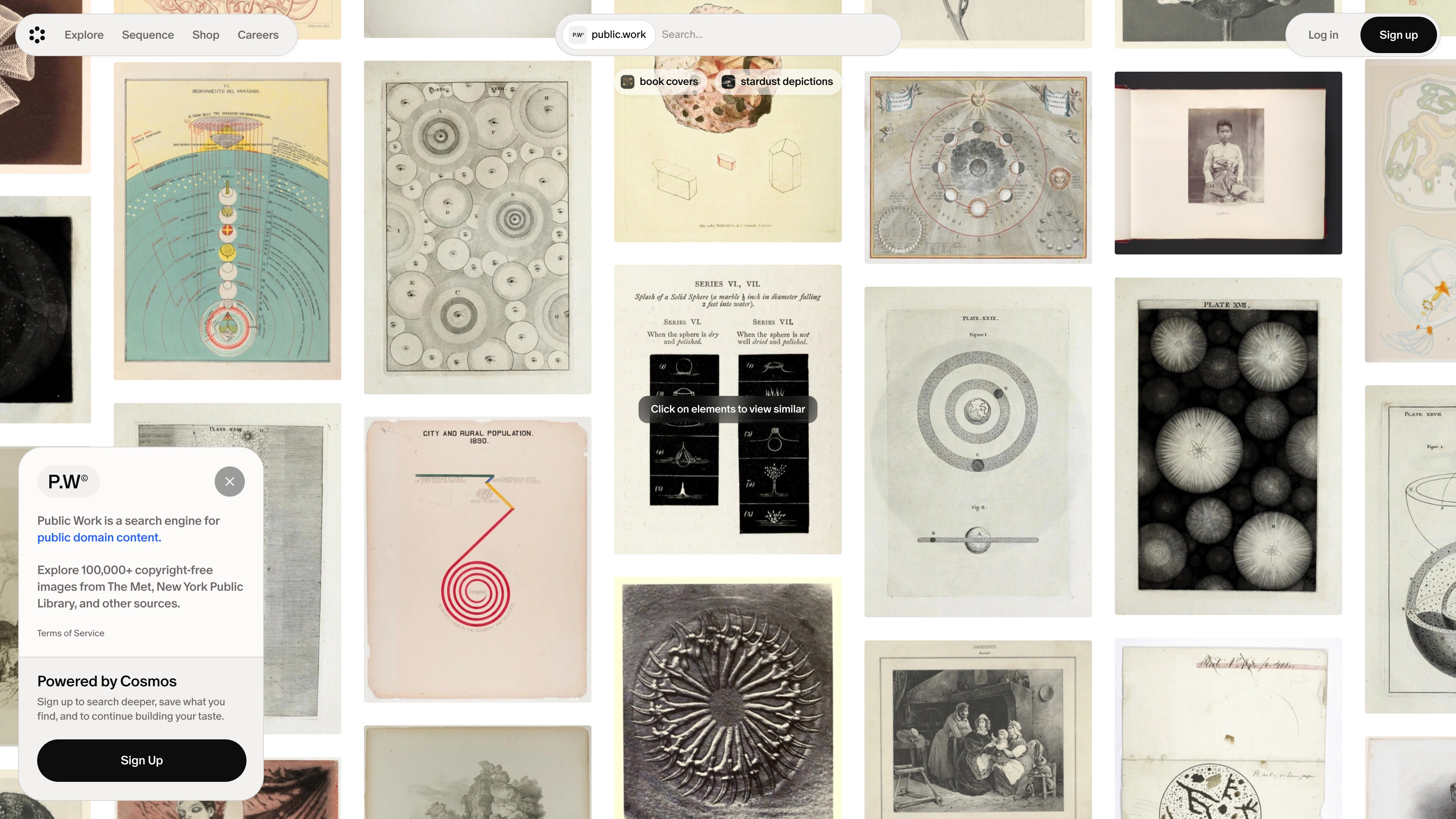 Public Work: a masonry grid of public-domain images, with an info card reading “100,000+ copyright-free images from The Met, New York Public Library, and other sources”