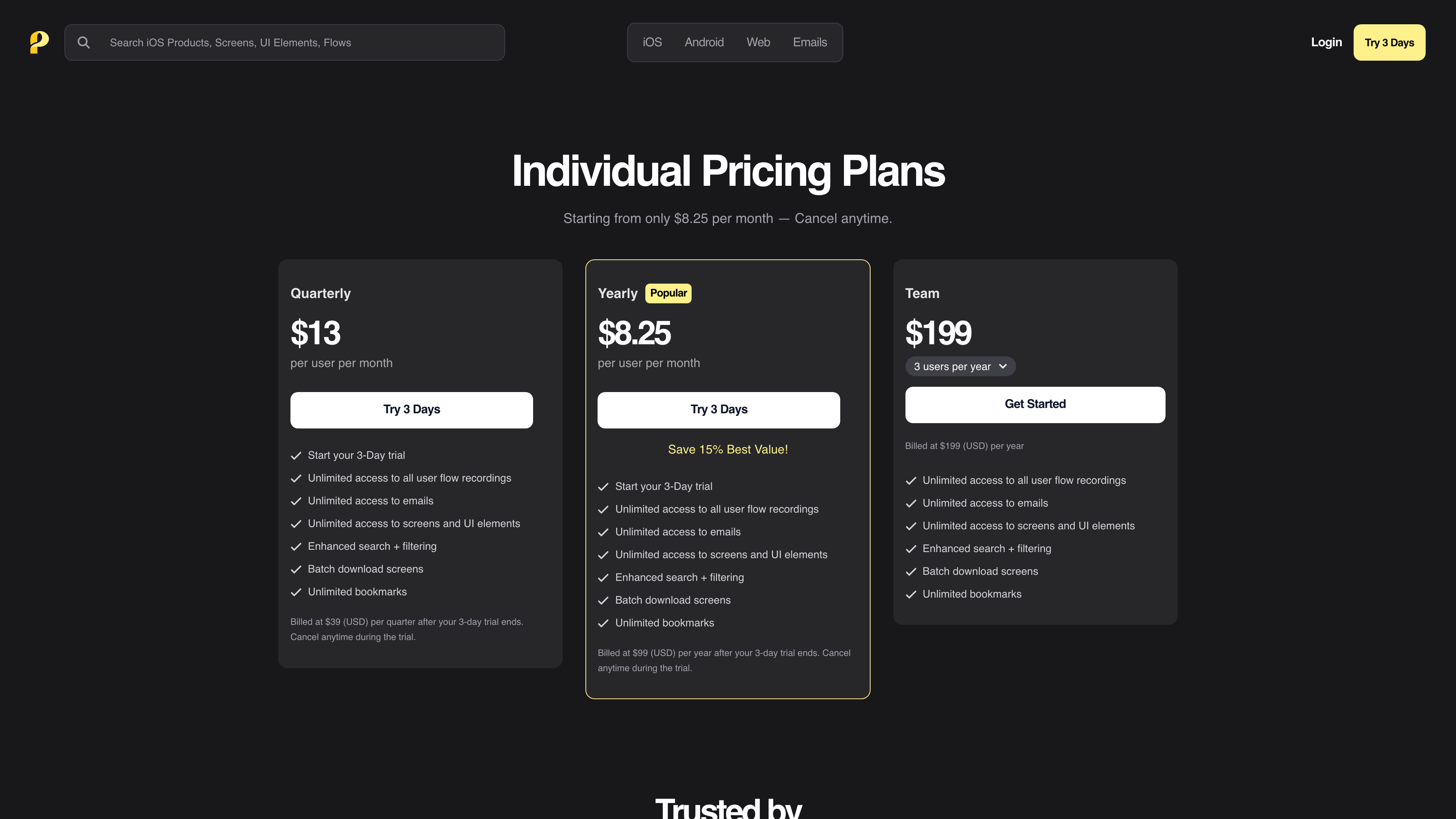 Page Flows pricing page: quarterly, yearly and team plans
