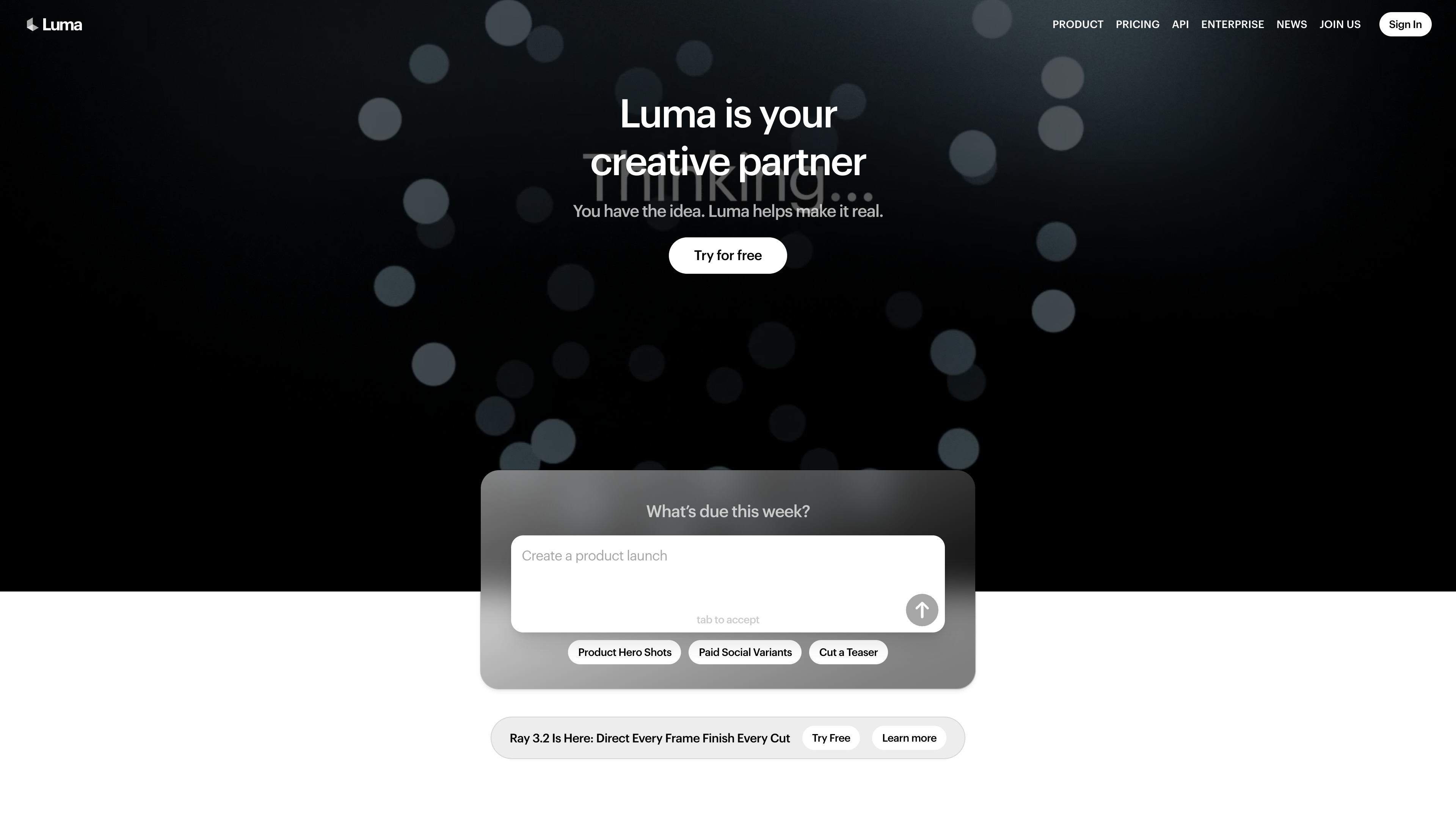 The Luma homepage: the "Luma is your creative partner" hero above a prompt panel and a Ray 3.2 launch banner