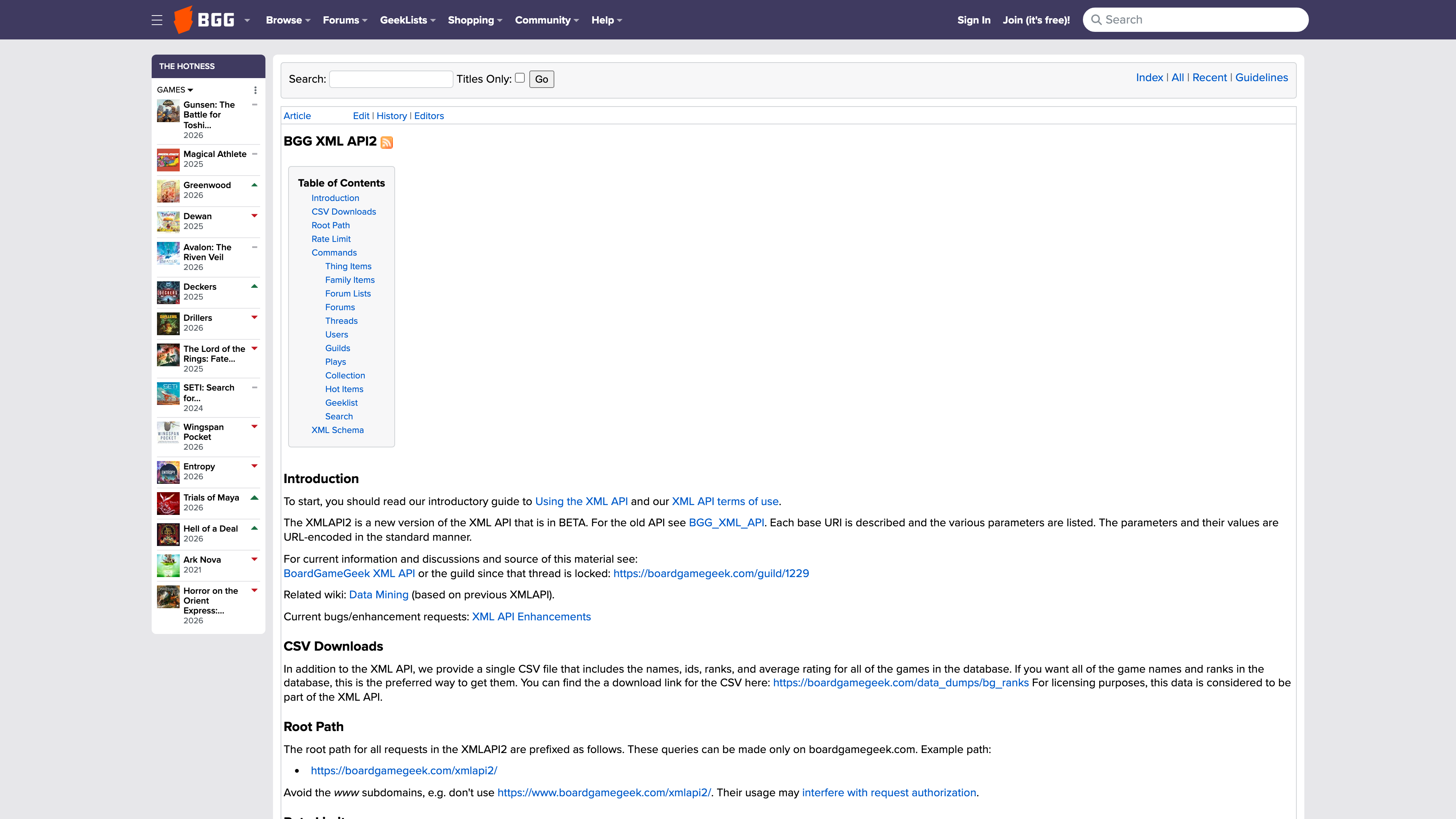 The BGG XML API2 wiki documentation: command list and CSV dump notes