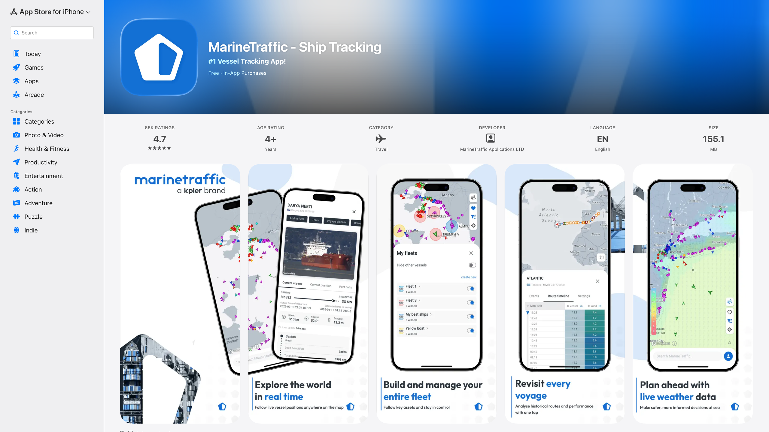 MarineTraffic's official App Store listing: live map, fleet management and voyage timeline screenshots