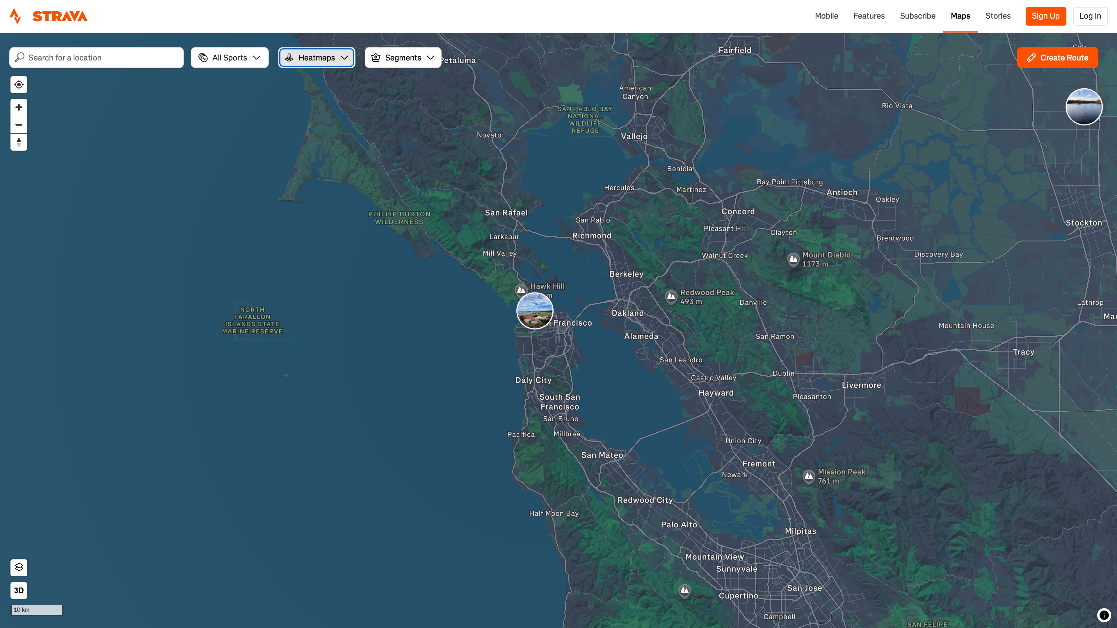 The Strava Global Heatmap page while logged out: the heat layer is off by default, showing only the San Francisco Bay Area base map