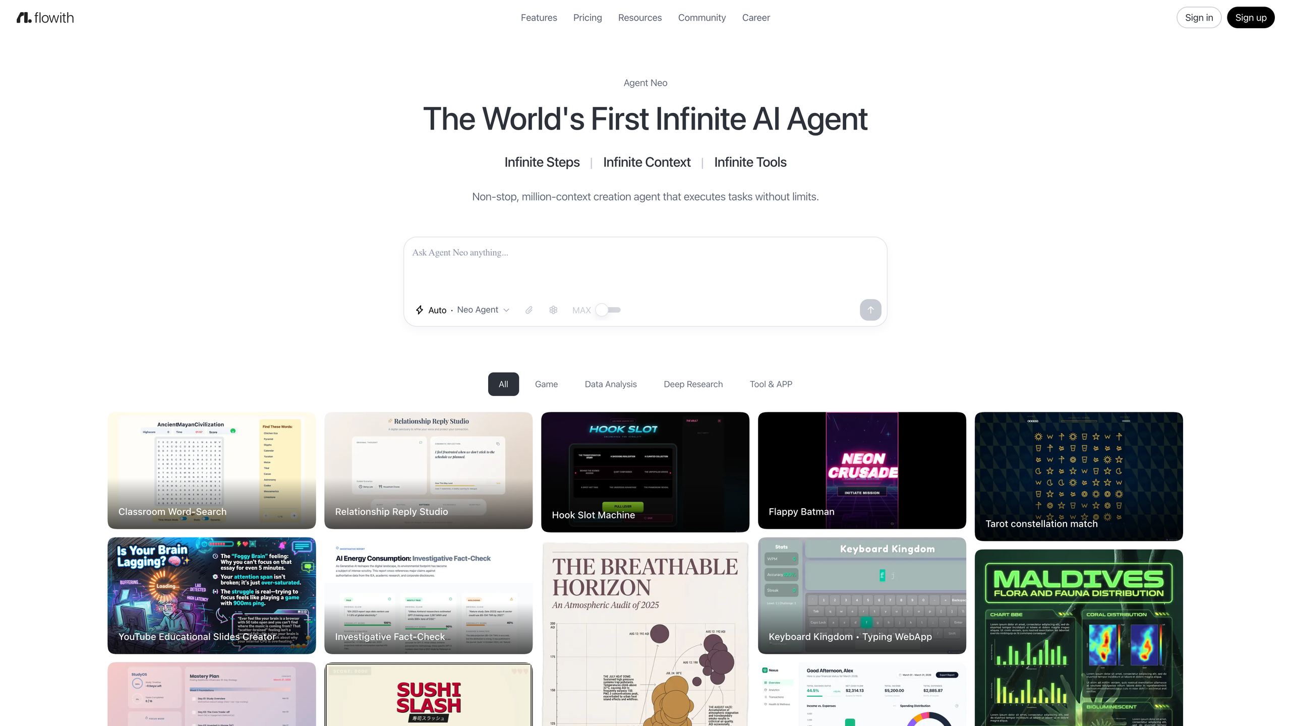 The Flowith Agent Neo page: "The World's First Infinite AI Agent" with a community showcase