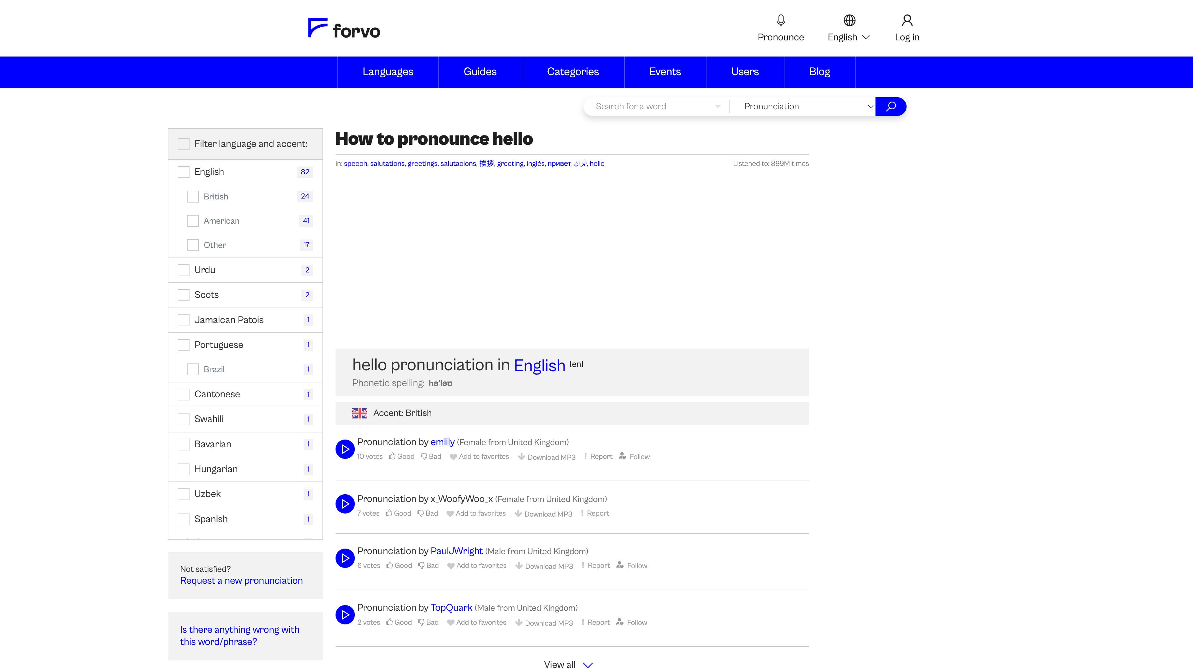 Forvo's entry page for "hello": language and accent filters on the left, recordings by several UK speakers with vote counts and action buttons on the right