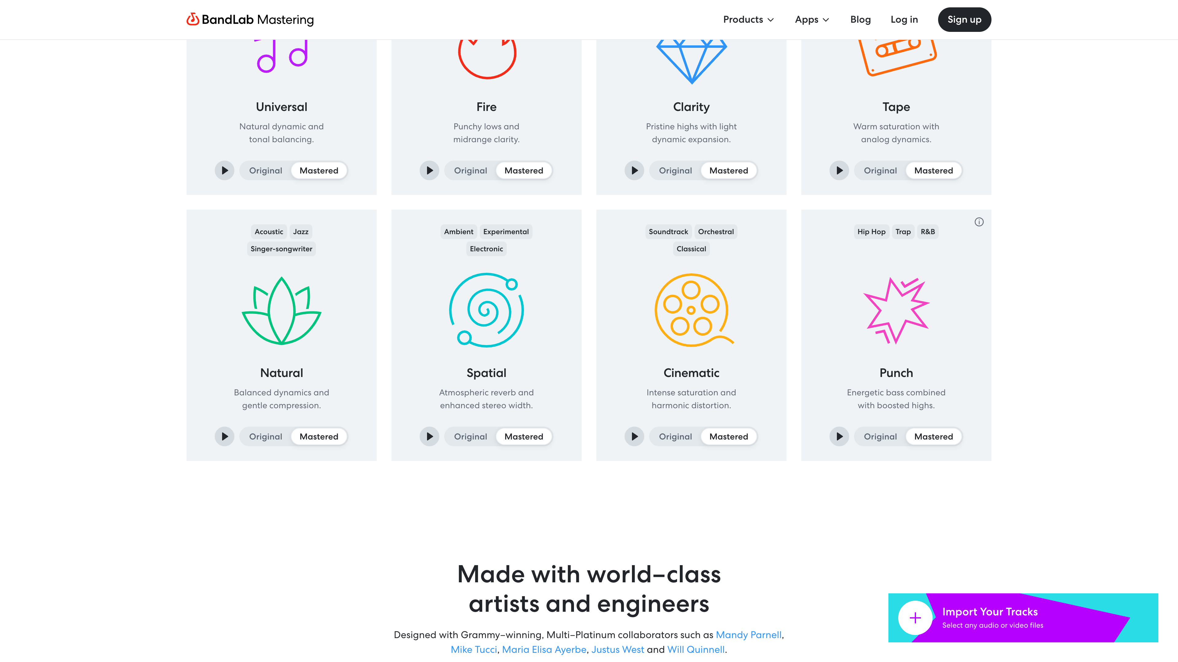 BandLab Mastering's eight preset cards, each tagged with suggested genres and offering an Original/Mastered A/B comparison