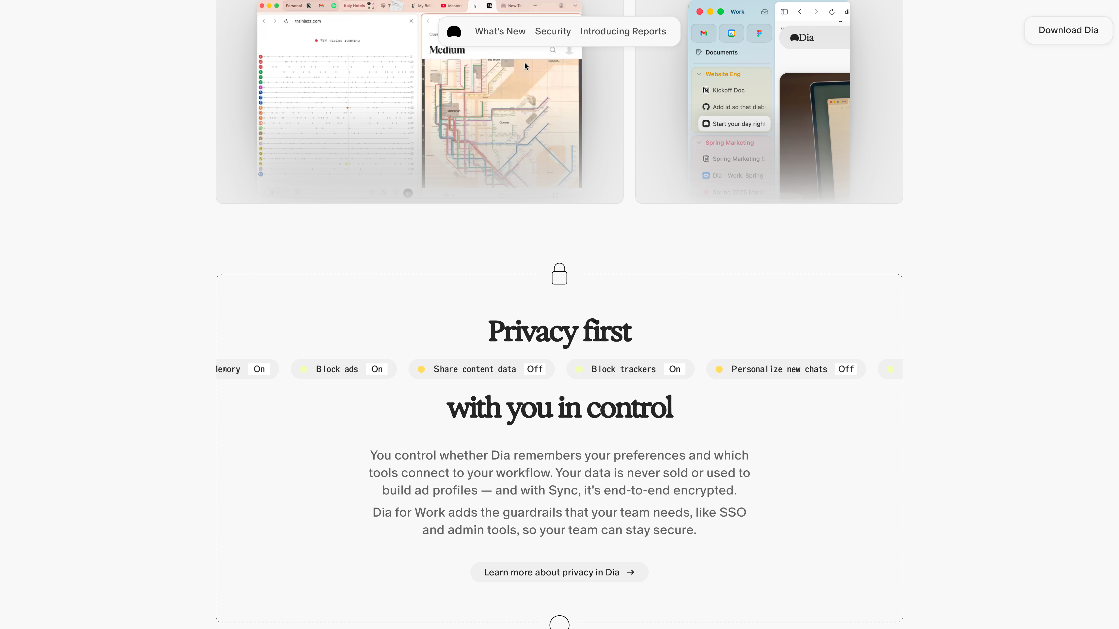 Dia's homepage privacy section: user-controlled toggles for tracker blocking, ad blocking, Memory, and content-data sharing