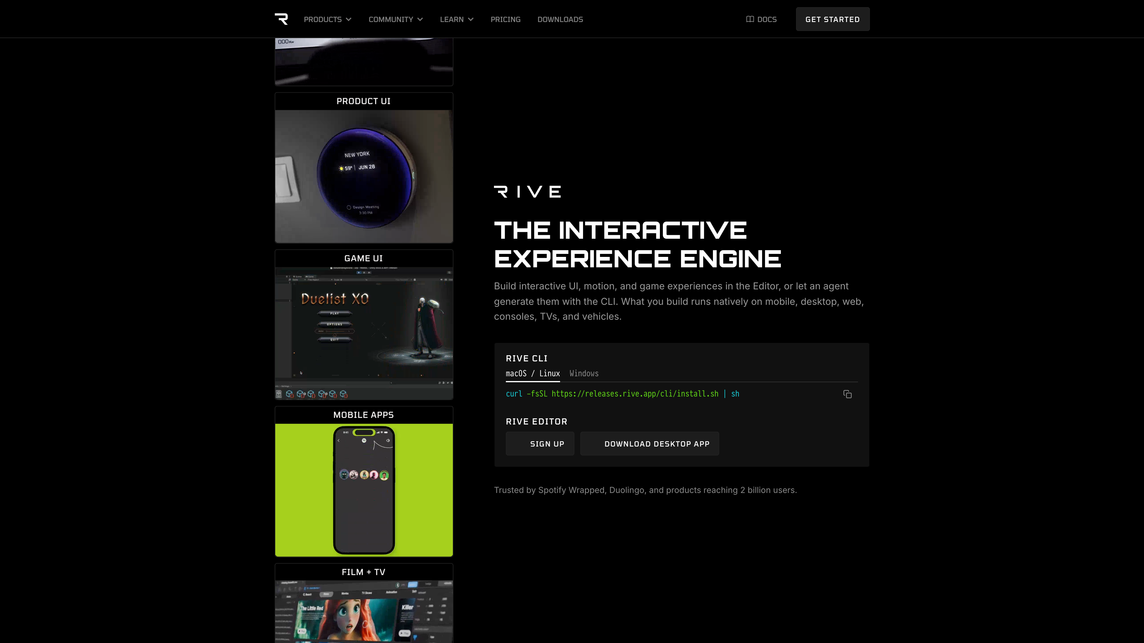 The Rive homepage: the tagline “The Interactive Experience Engine” with CLI, editor sign-up, and desktop app download