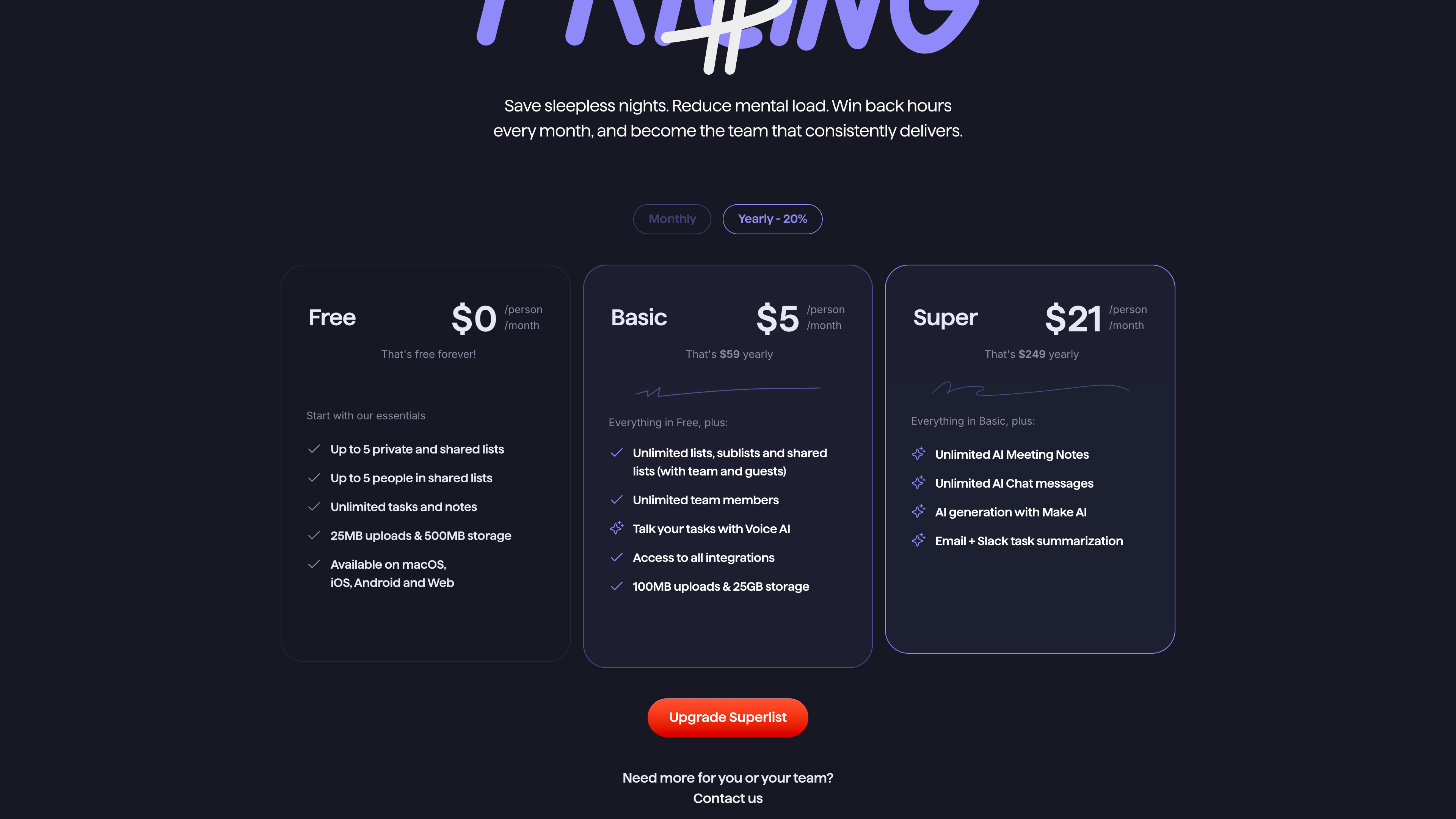 Superlist pricing page: Free at $0, Basic at $5/person/month billed annually, Super at $21/person/month billed annually