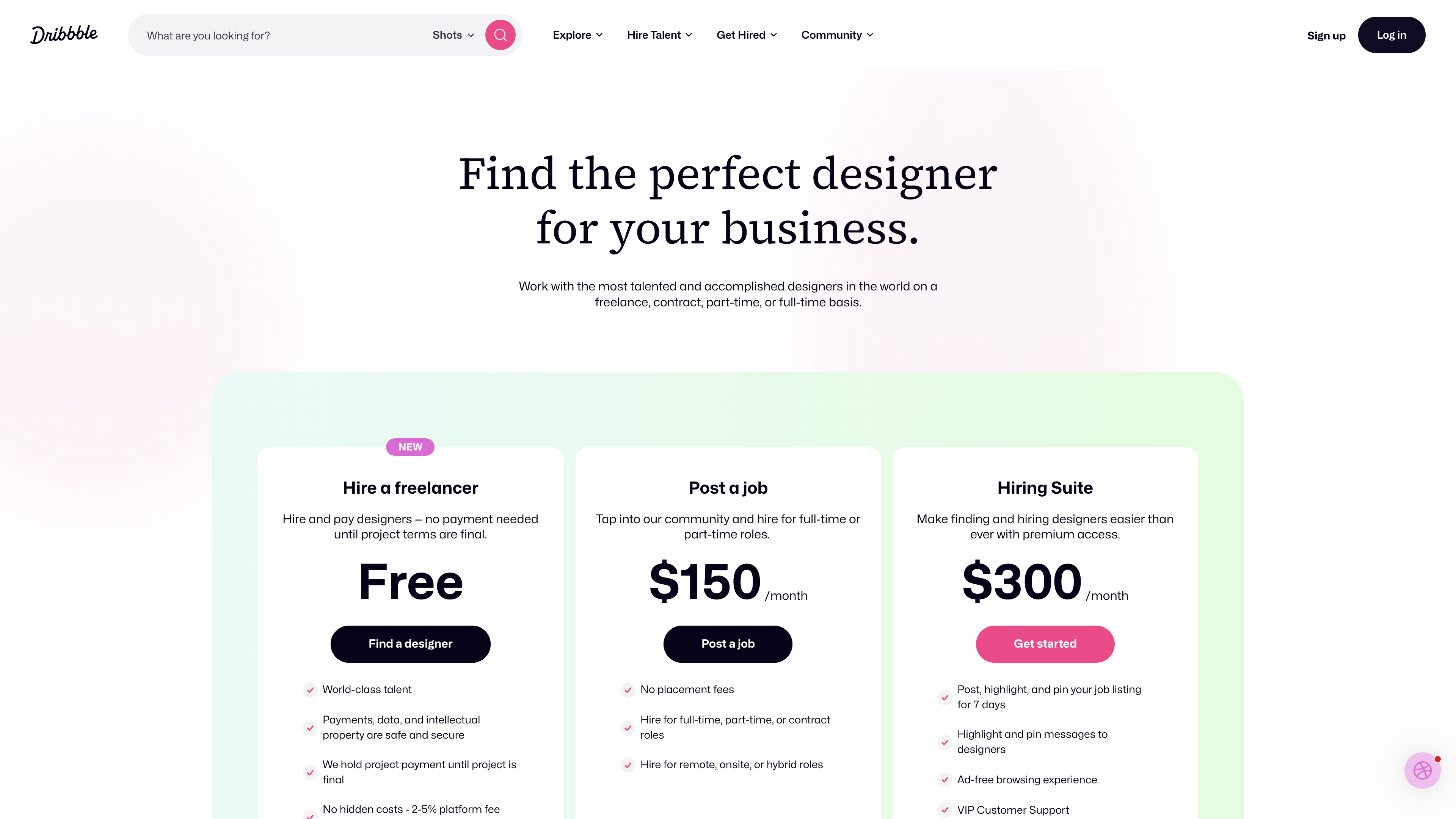 Dribbble hiring options: freelance projects, job posts and Hiring Suite