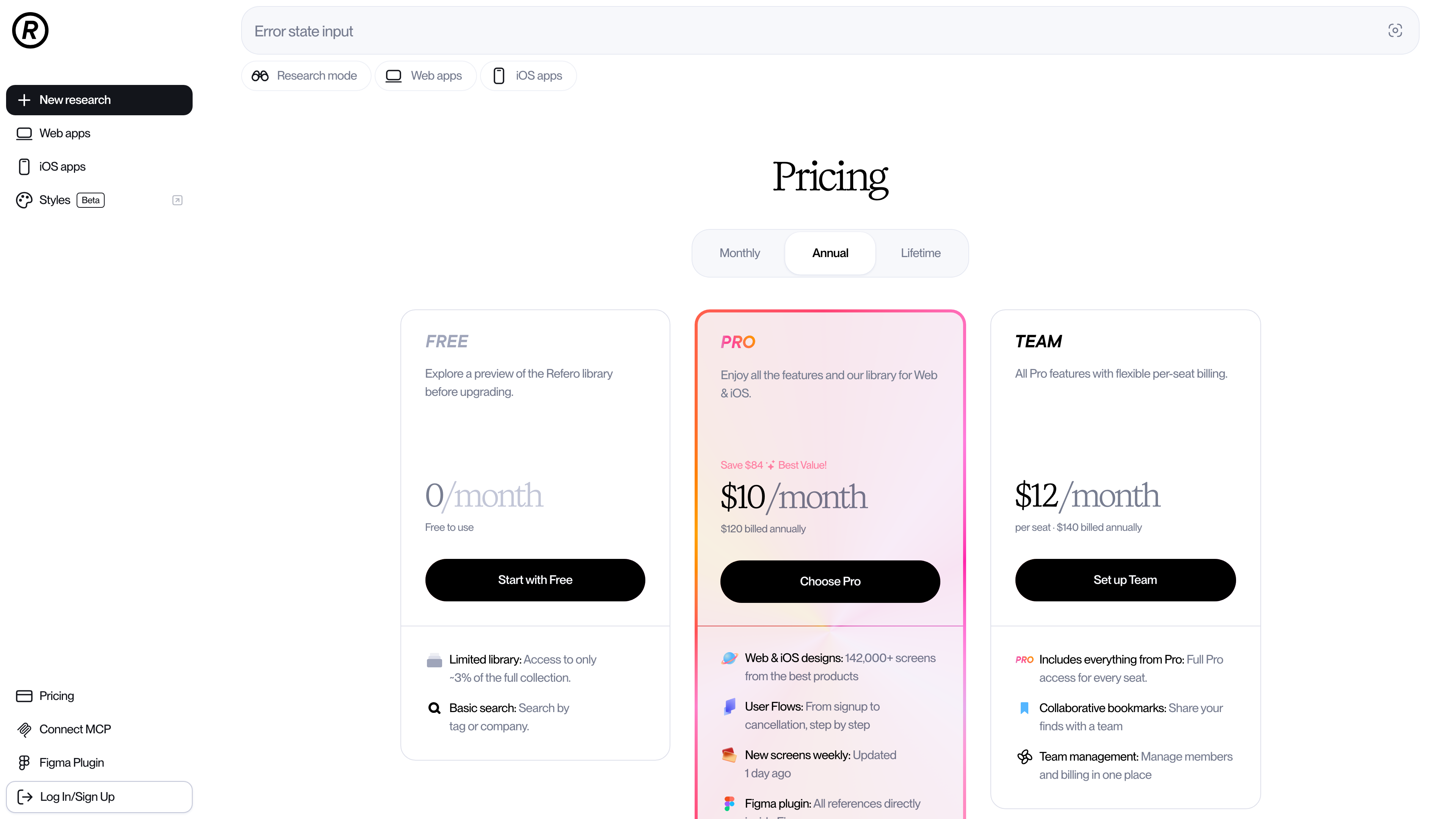 The pricing page showing the three self-serve plans (annual billing view)