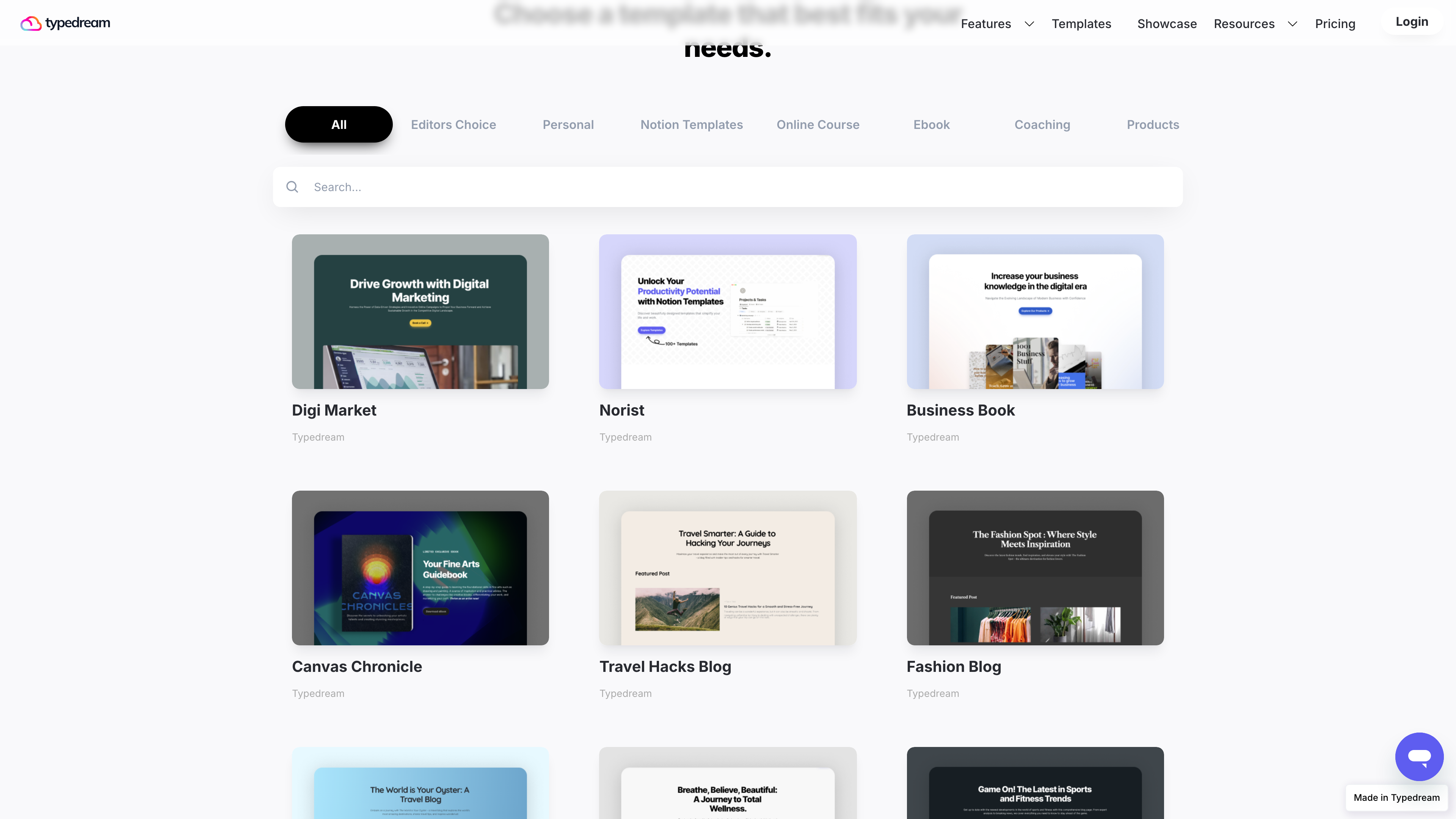 Typedream template gallery: category filters including Notion Templates, Online Course and Ebook