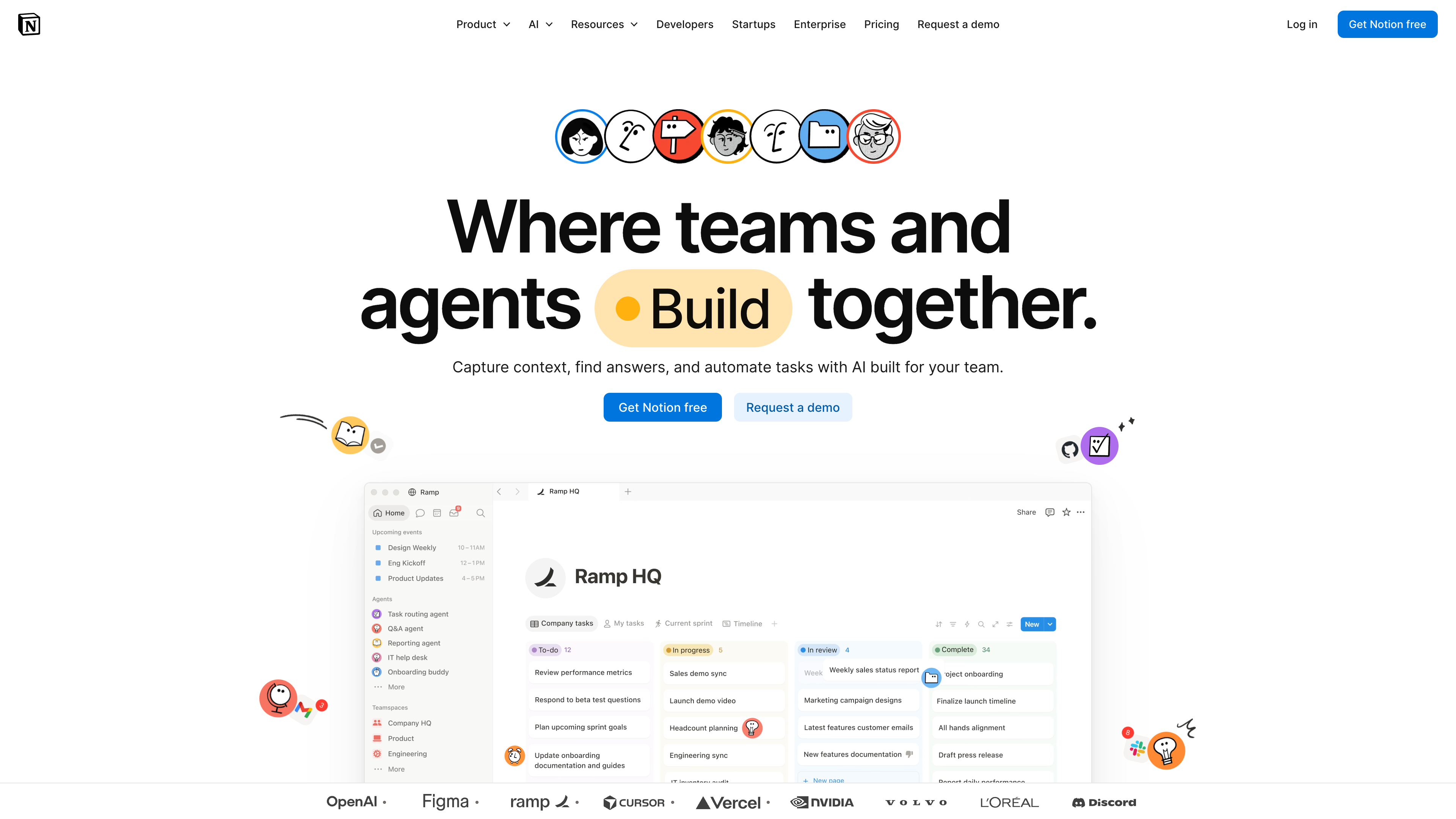 The Notion homepage: the rotating headline cycles through Think, Create, and Build, above a product mockup showing a task board