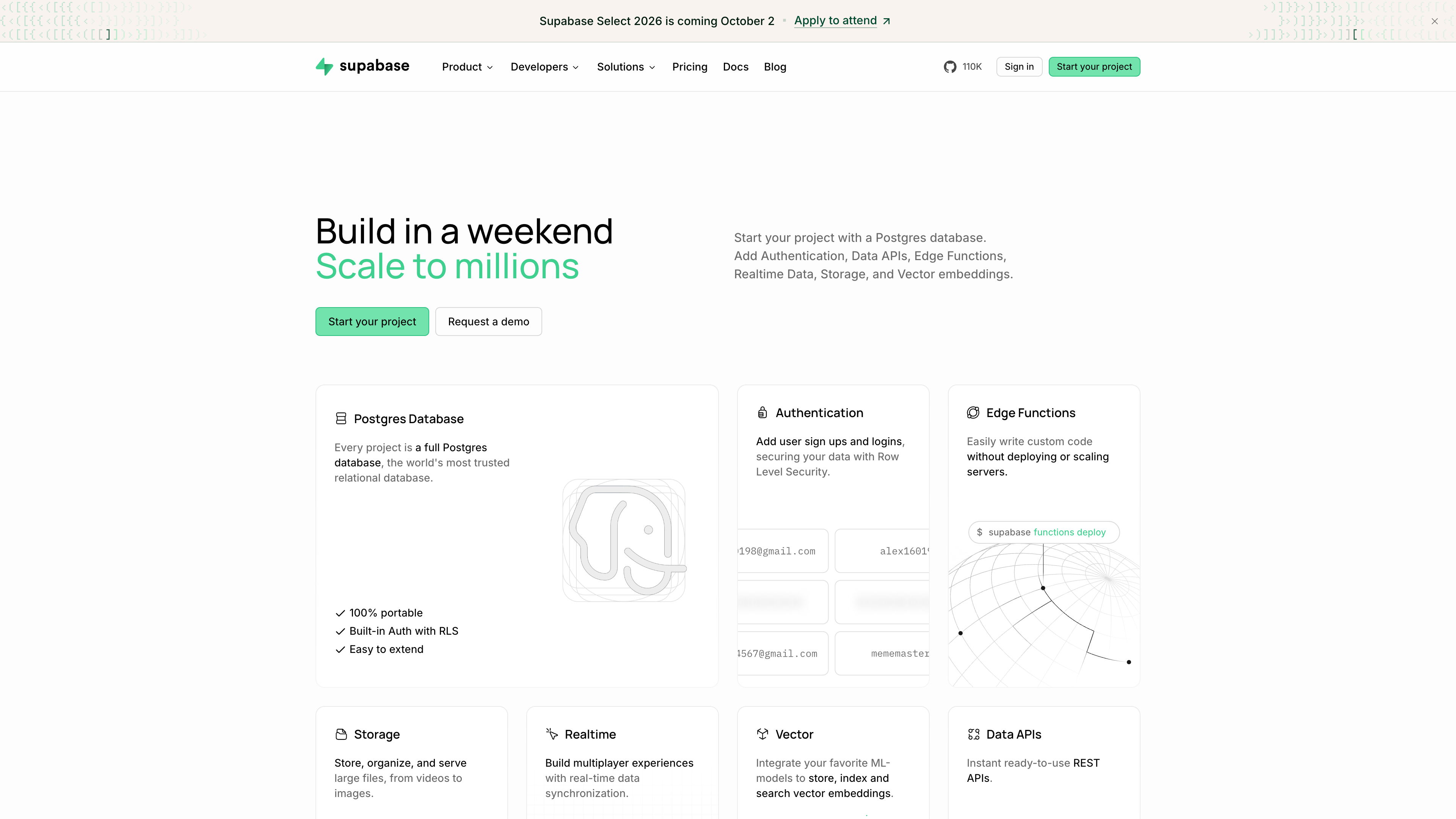 The Supabase homepage: the tagline "Build in a weekend, scale to millions" with cards for Postgres Database, Authentication, Edge Functions, Storage, Realtime, and Vector