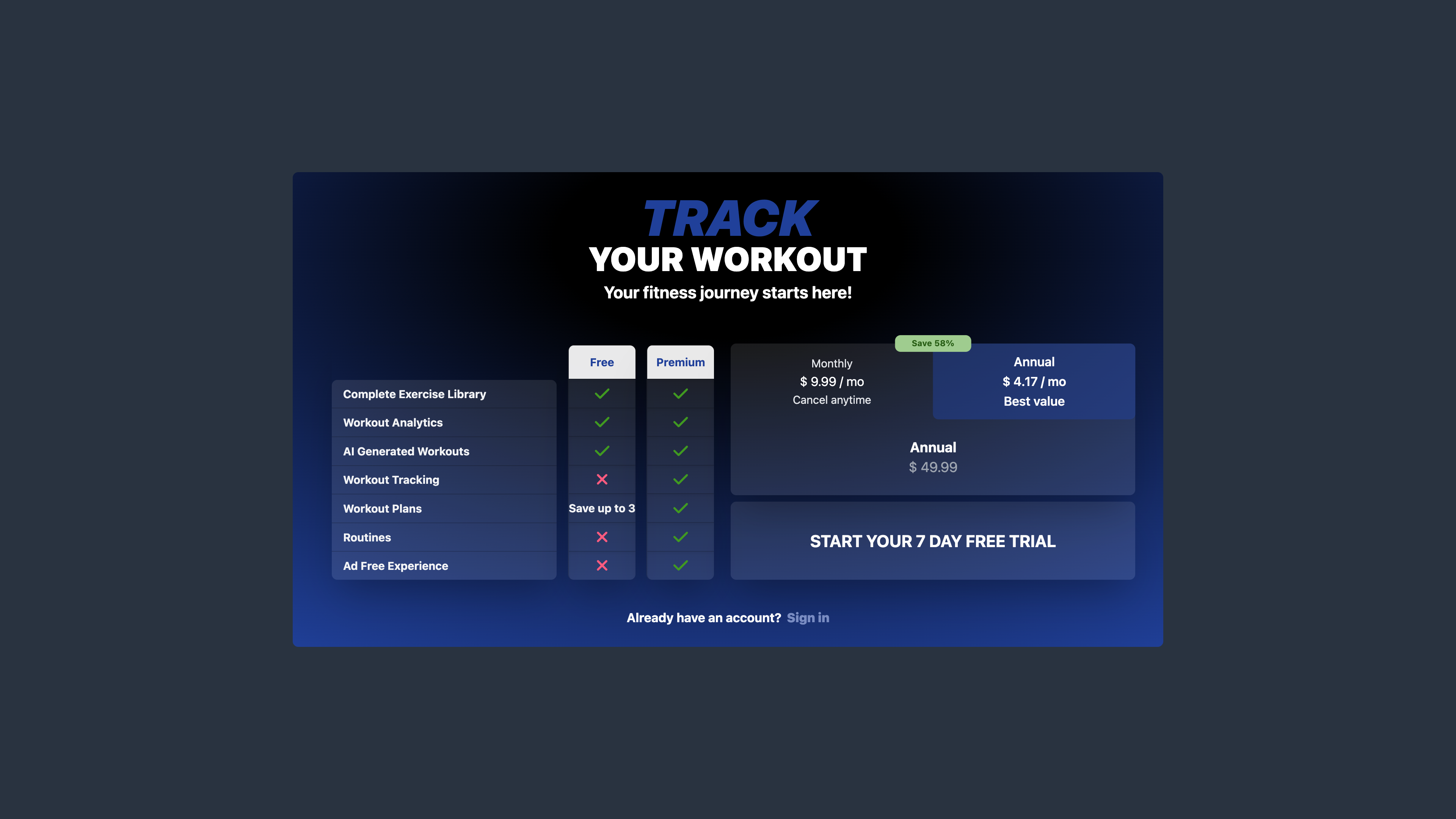 The MuscleWiki pricing page: free vs. Premium feature comparison and subscription prices