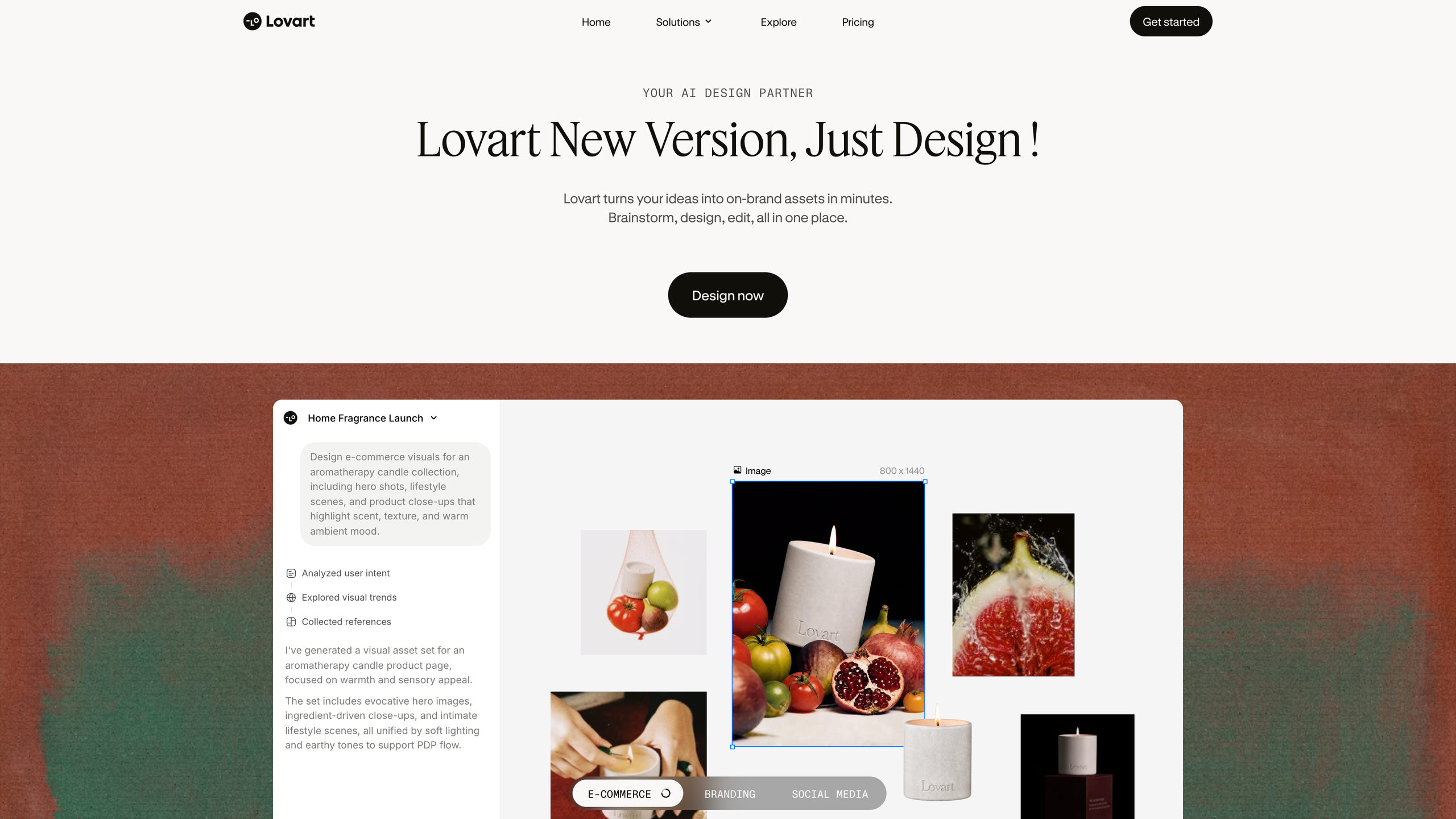 Lovart homepage: the “Lovart New Version, Just Design!” hero above a prompt-driven e-commerce visual generation demo