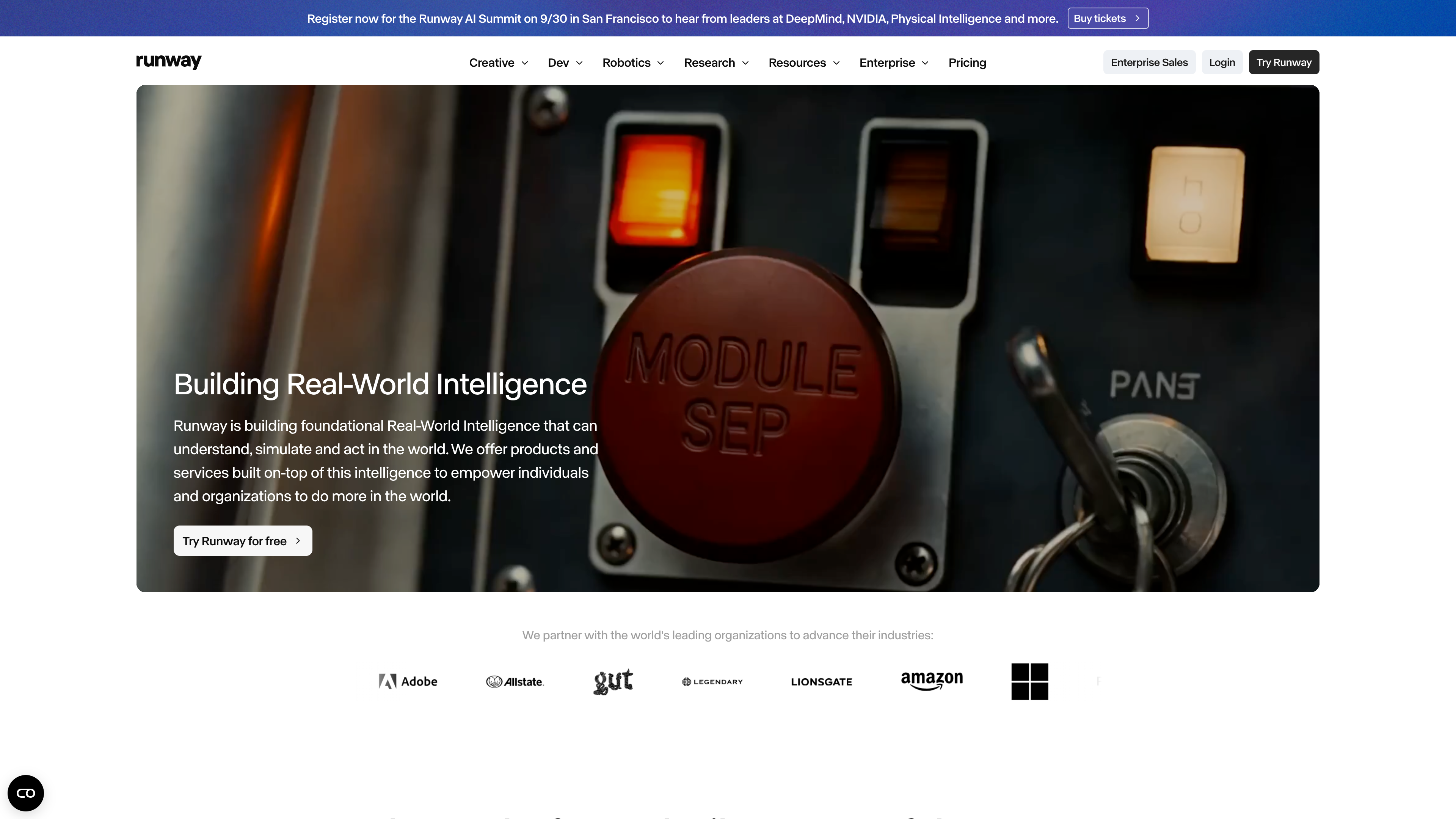 The Runway homepage: the hero reads "Building Real-World Intelligence," with logos of partner organizations including Adobe, Lionsgate and Amazon below