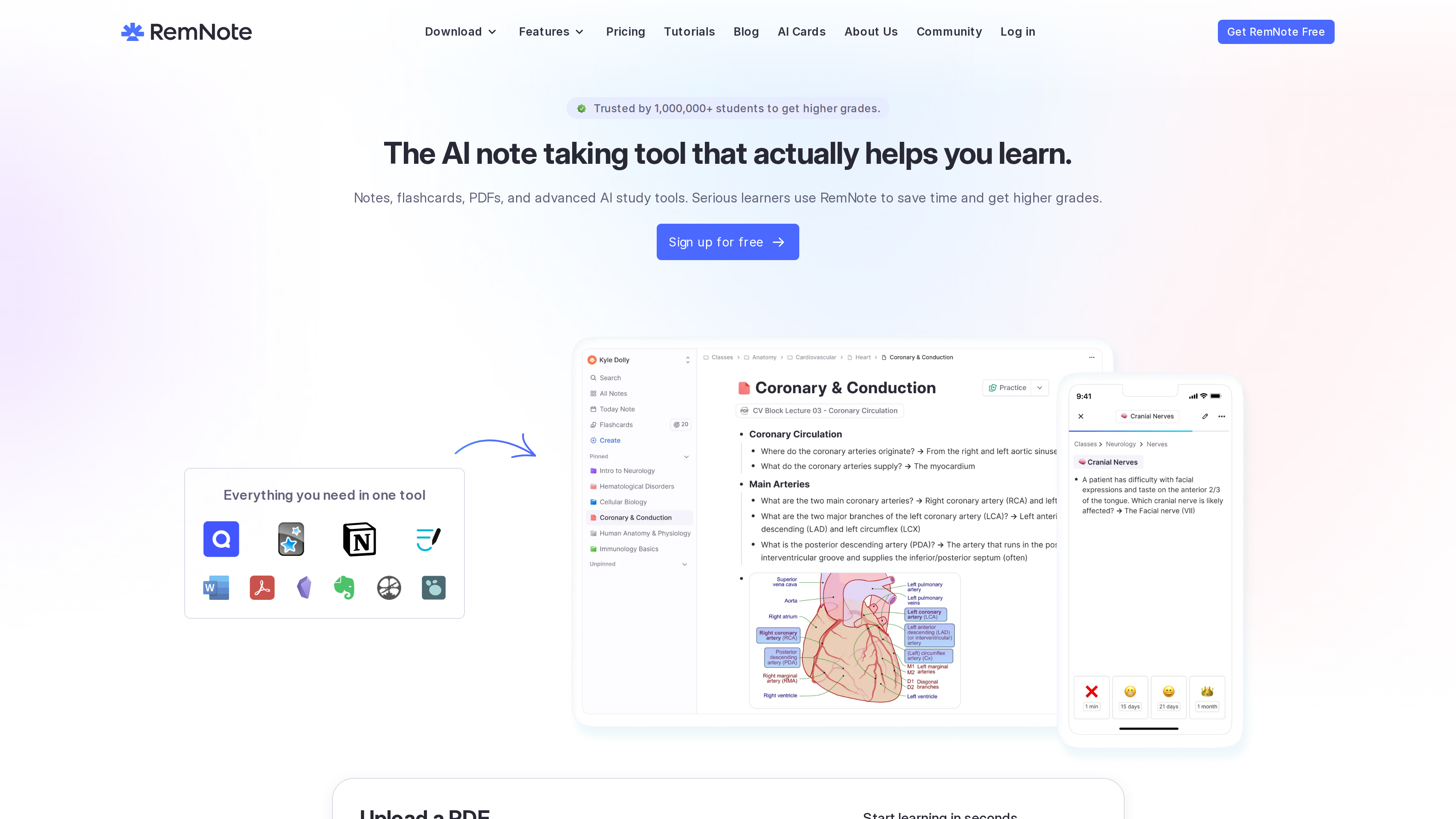 RemNote 官網首頁截圖：標語「The AI note taking tool that actually helps you learn」，下方展示桌面版大綱筆記介面與行動版抽認卡複習介面